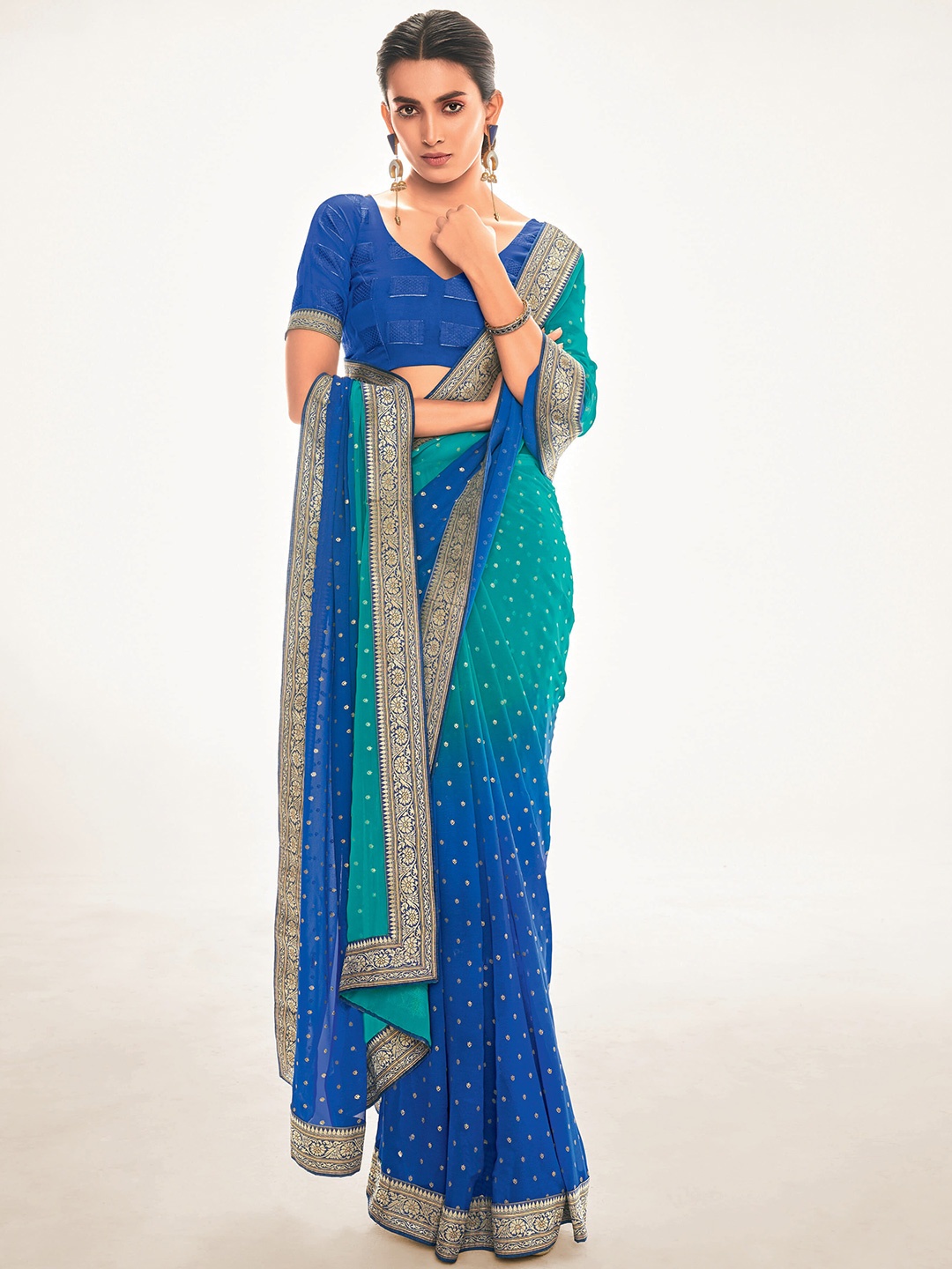 

elora Floral Woven Design Pure Georgette Banarasi Saree, Blue