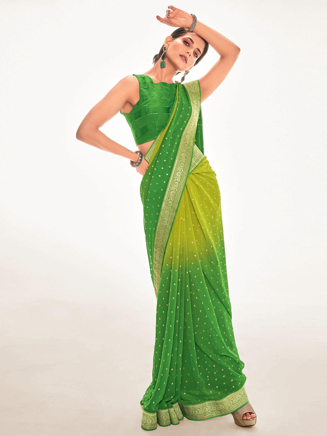 

elora Geometric Printed Zari Banarasi Saree, Green