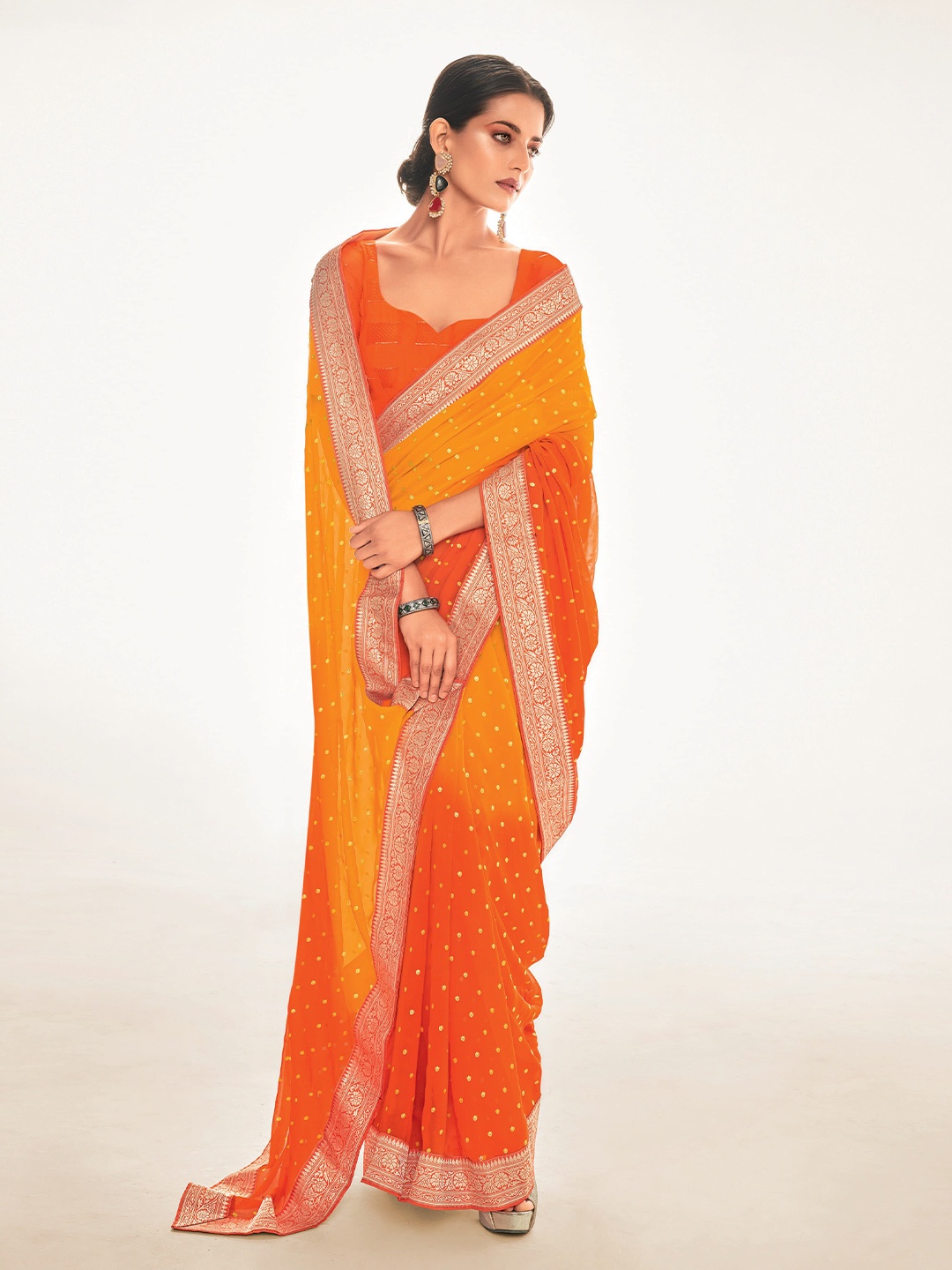 

elora Floral Zari Pure Georgette Banarasi Saree, Orange