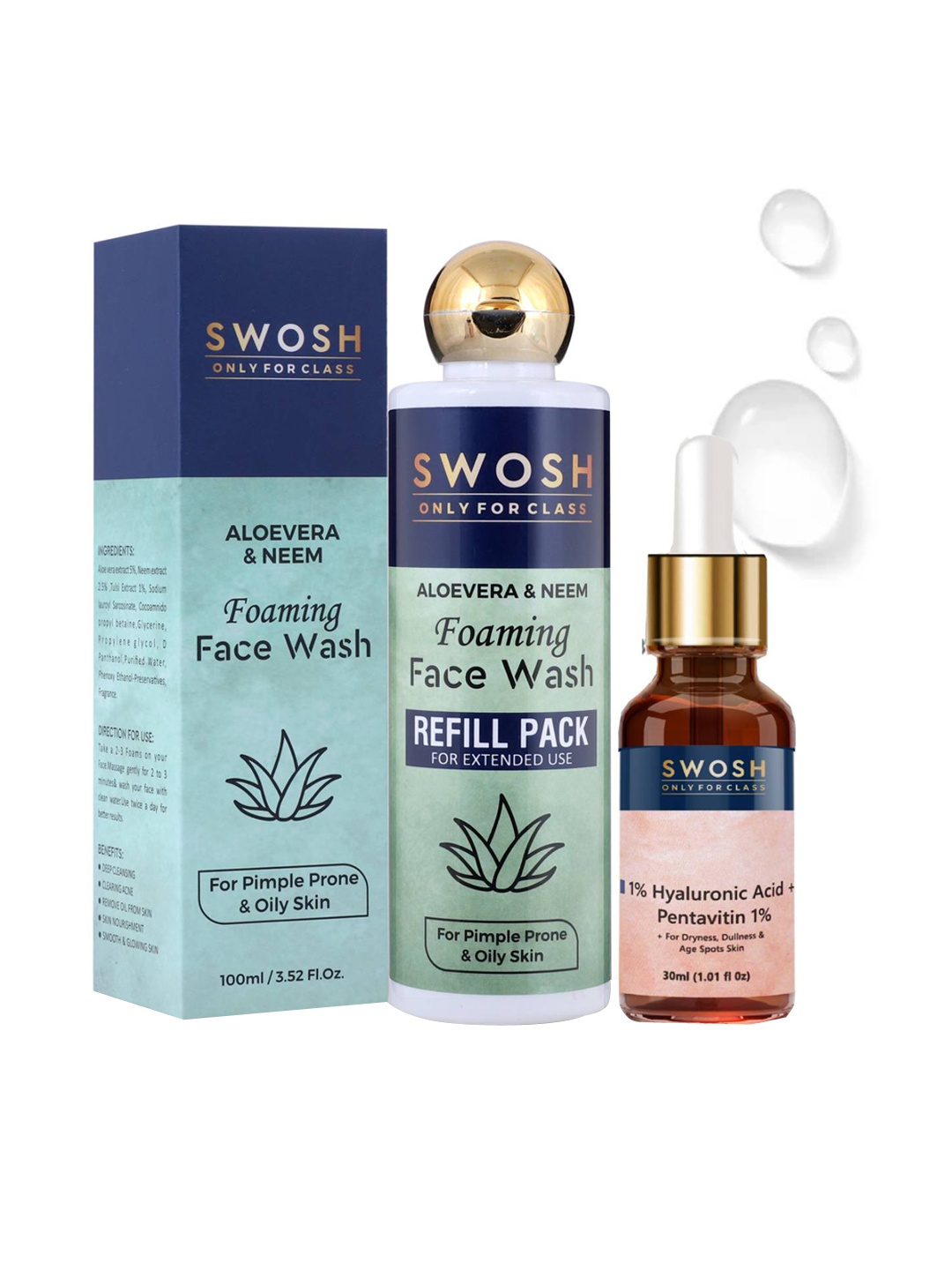 

SWOSH Set of Aloe Vera Neem Foaming Face Wash & 1% HA with 1% Pentavitin Serum - 130ml, Transparent