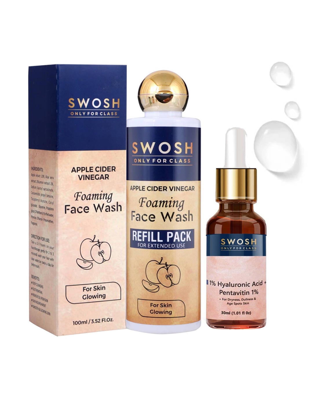 

SWOSH Apple Cider Vinegar Face Wash & 1% Hyaluronic Acid Serum - 200ml + 30ml, Na