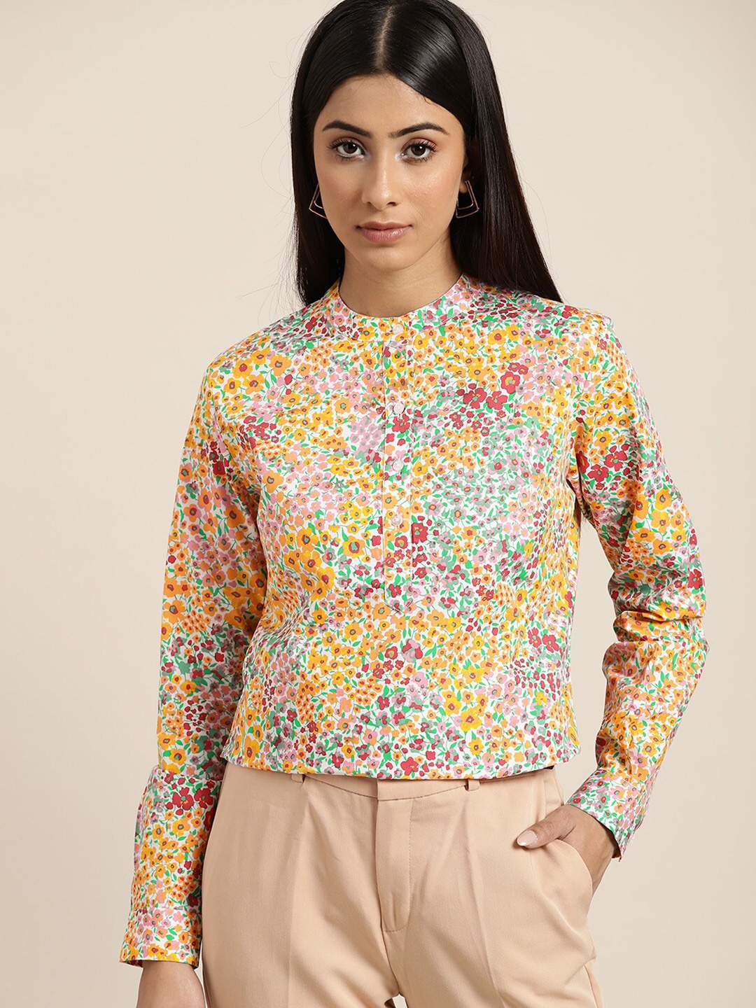 

Hancock Women Slim Fit Floral Printed Formal Cotton Shirt, White