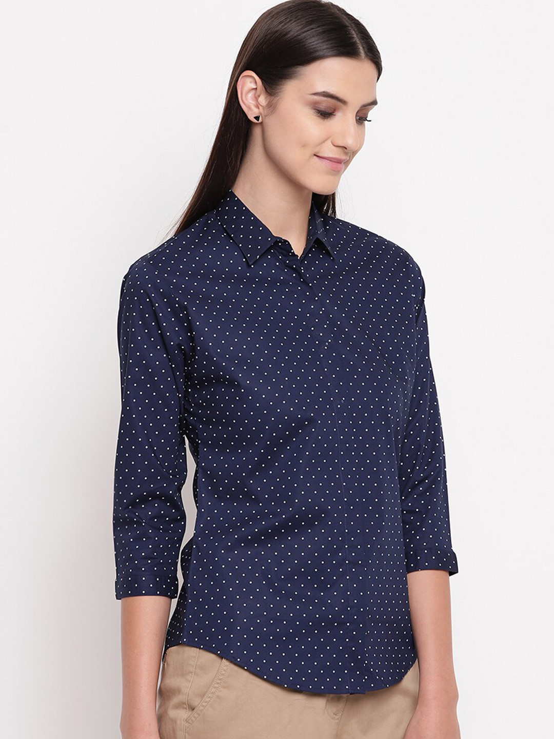 

Hancock Women Slim Fit Printed Formal Cotton Shirt, Navy blue