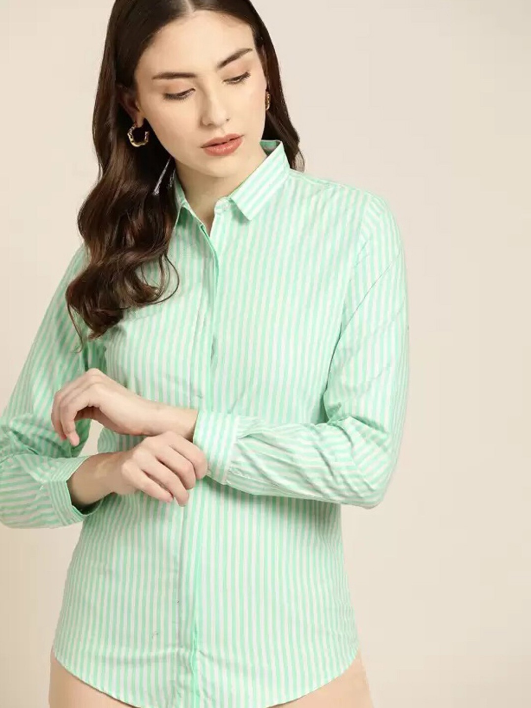 

Hancock Women Slim Fit Striped Cotton Formal Shirt, Green