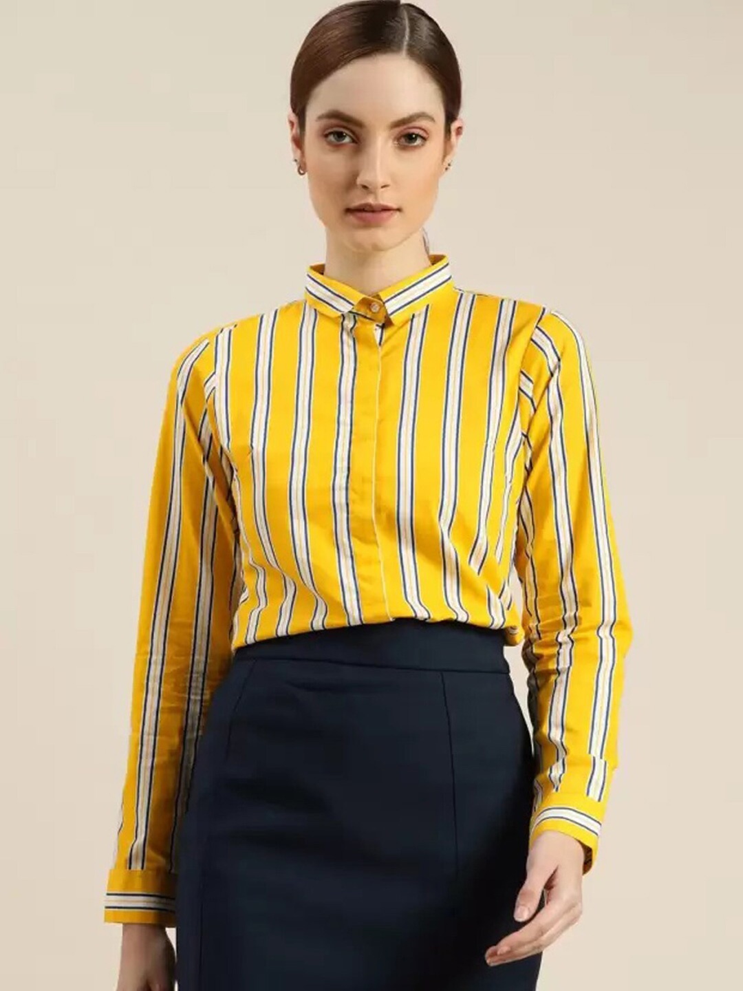 

Hancock Vertical Striped Concealed Button Placket Slim Fit Formal Shirt, Yellow