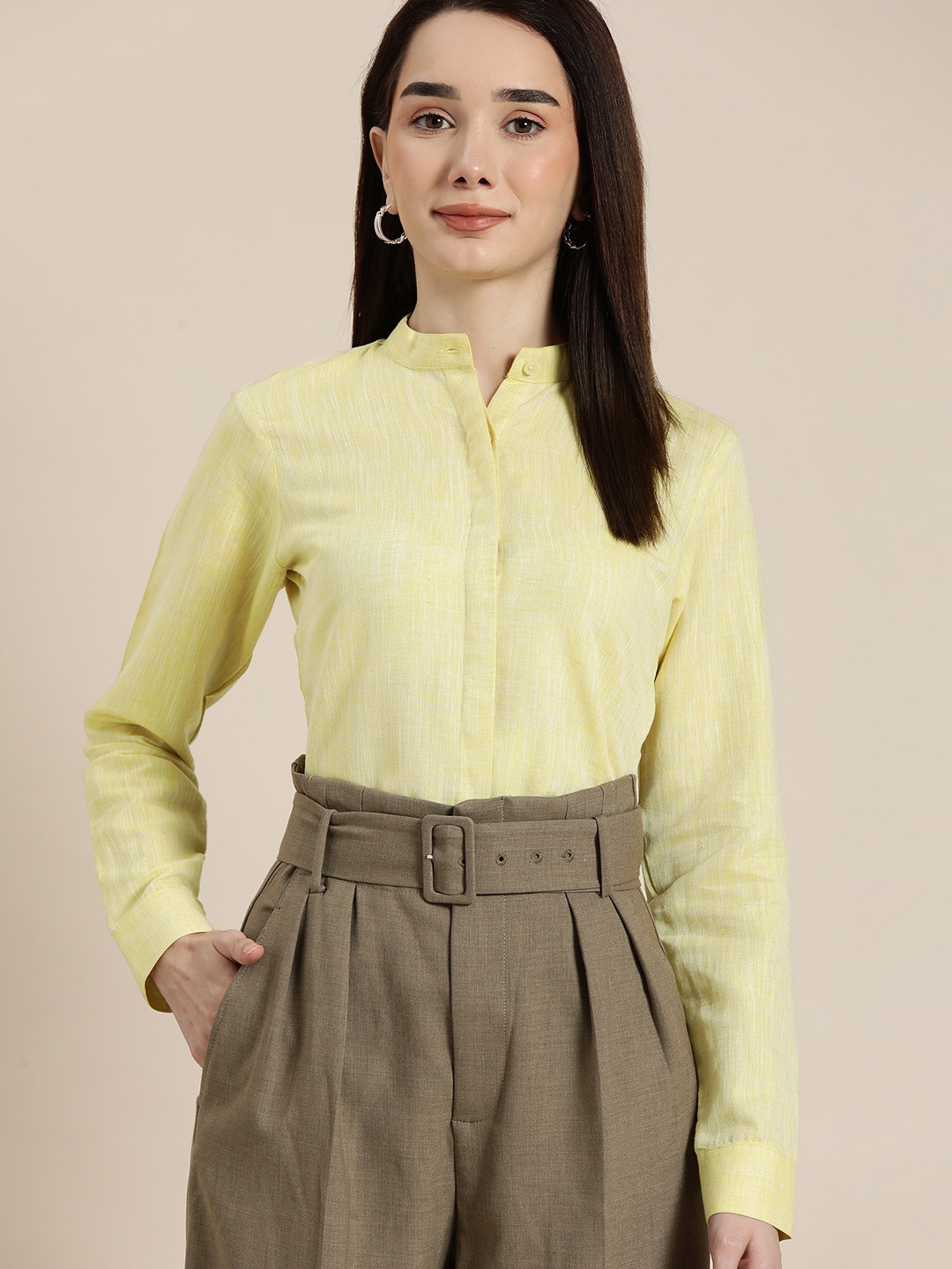 

Hancock Mandarin Collar Slim Fit Linen Cotton Formal Shirt, Yellow