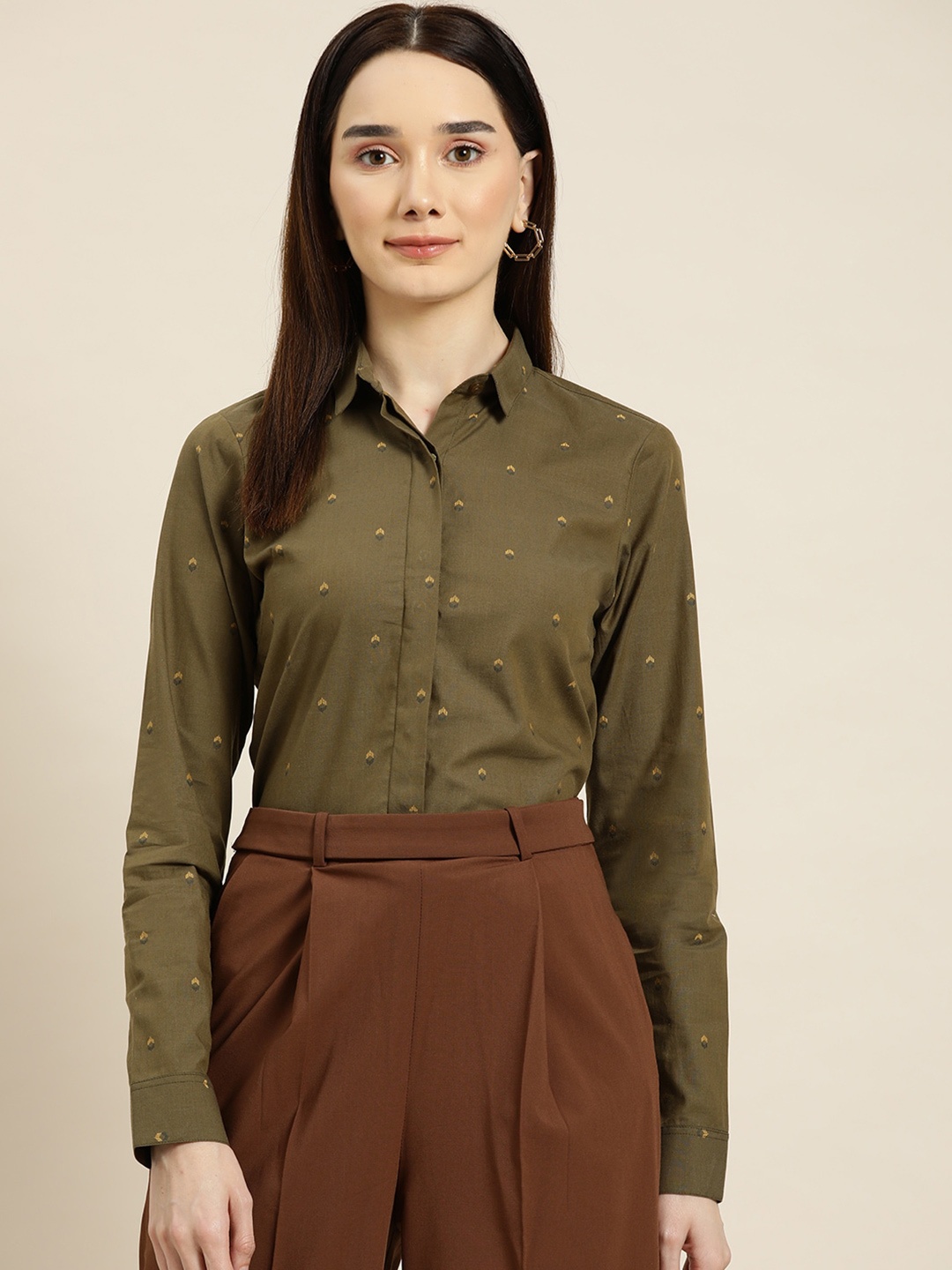 

Hancock Geometric Printed Cotton Casual Shirt, Olive