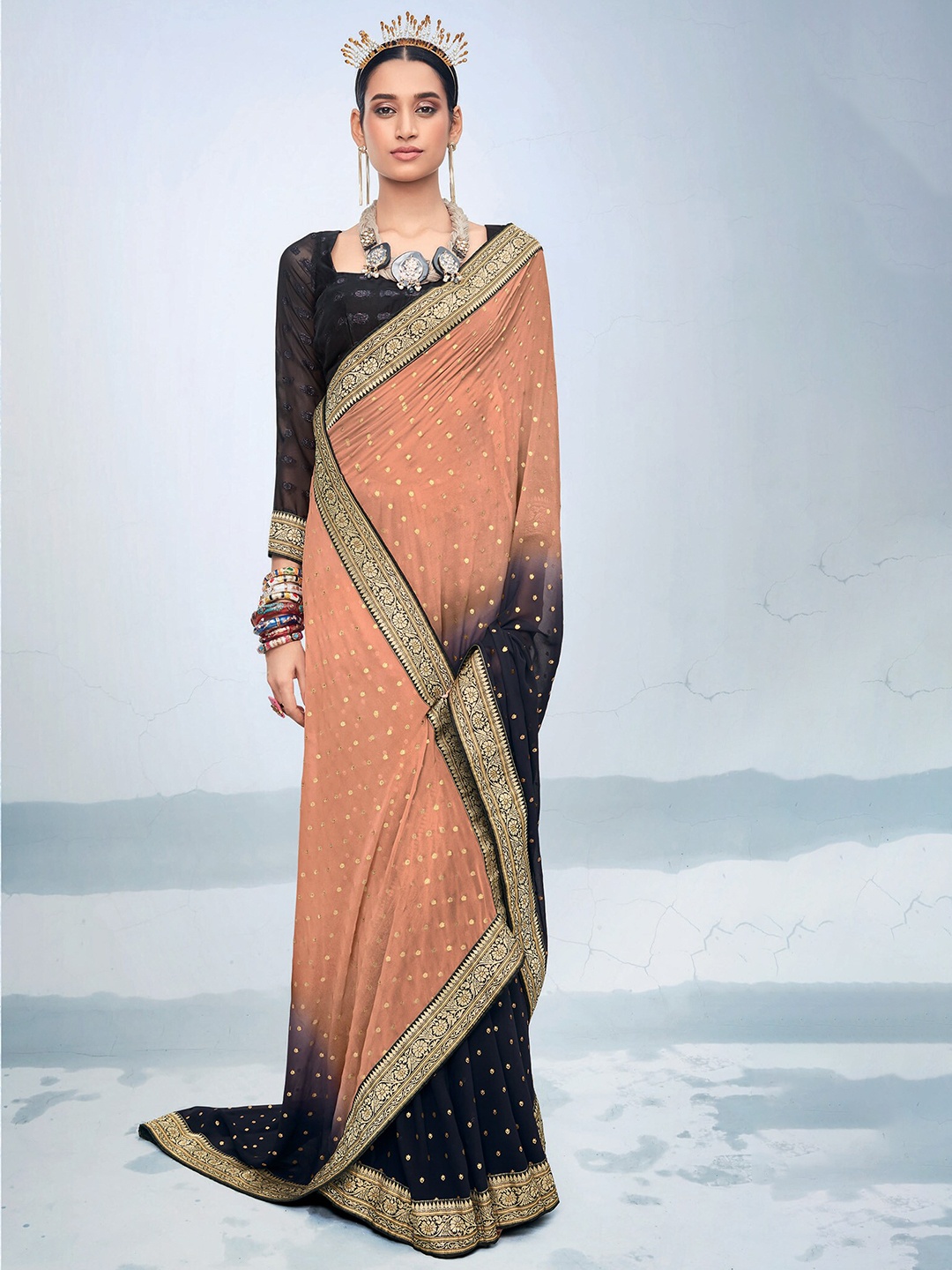

elora Floral Printed Zari Pure Georgette Saree, Cream