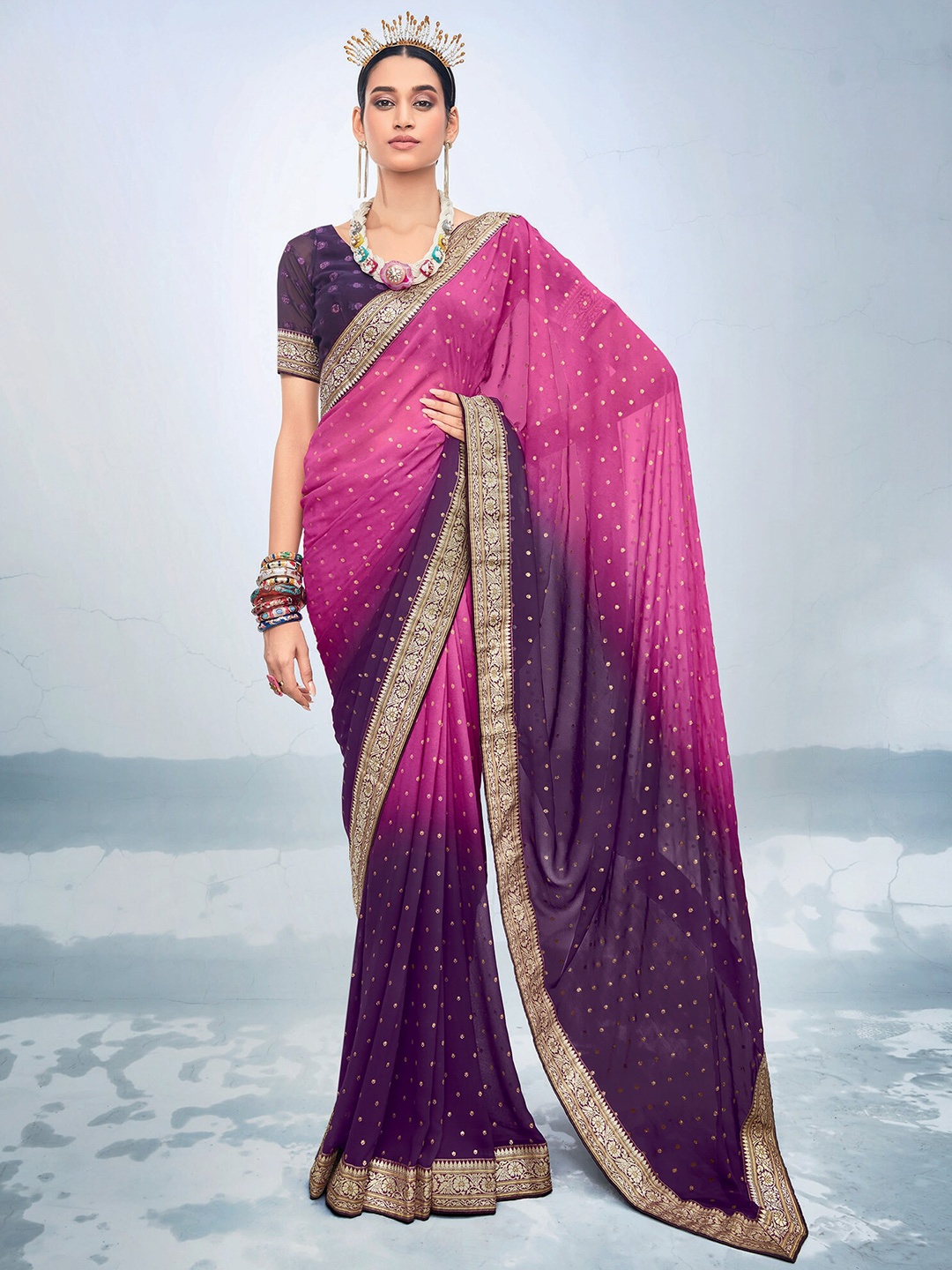 

elora Floral Zari Pure Georgette Banarasi Saree, Purple