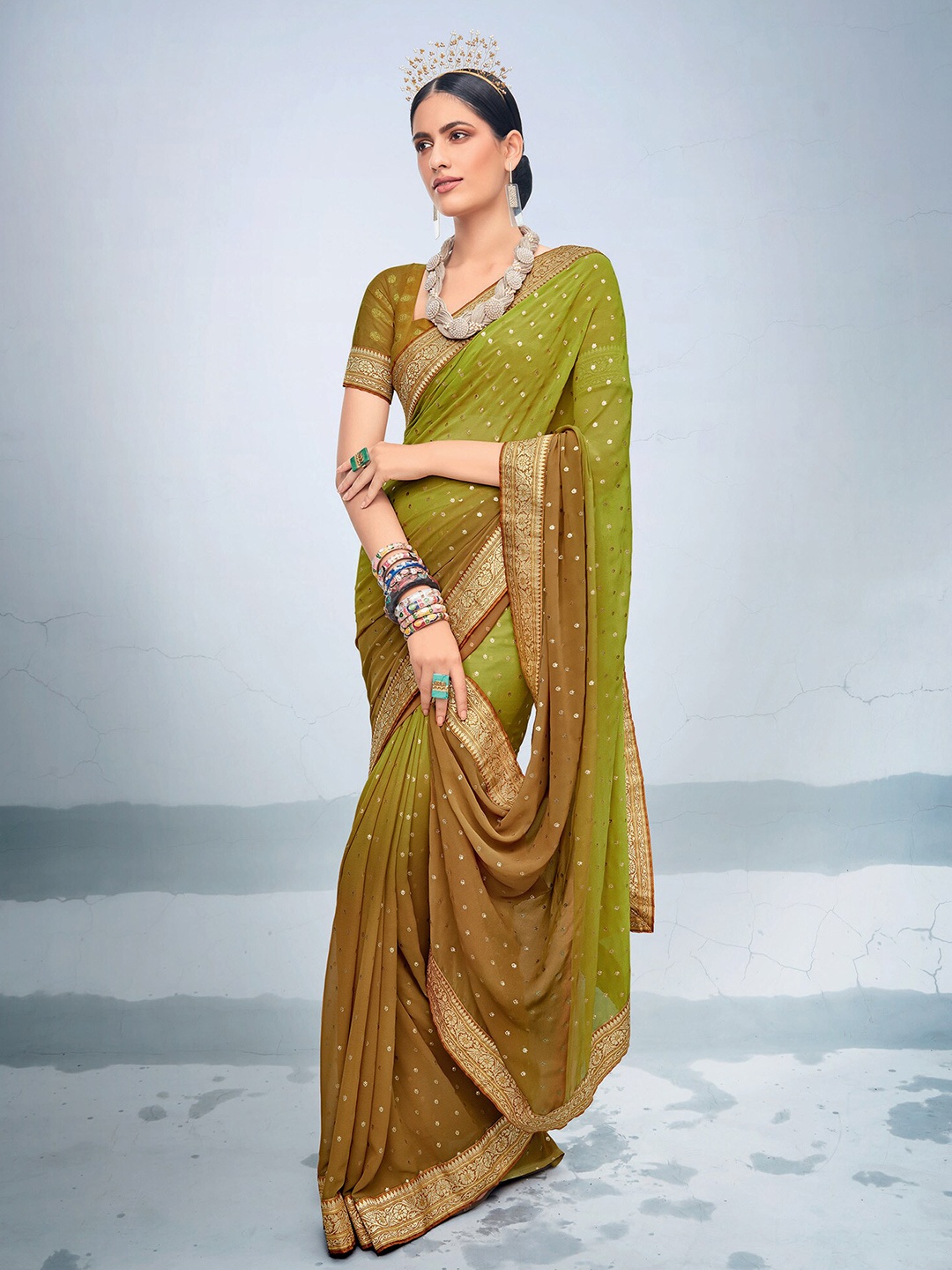 

elora Floral Printed Zari Pure Georgette Banarasi Saree, Green