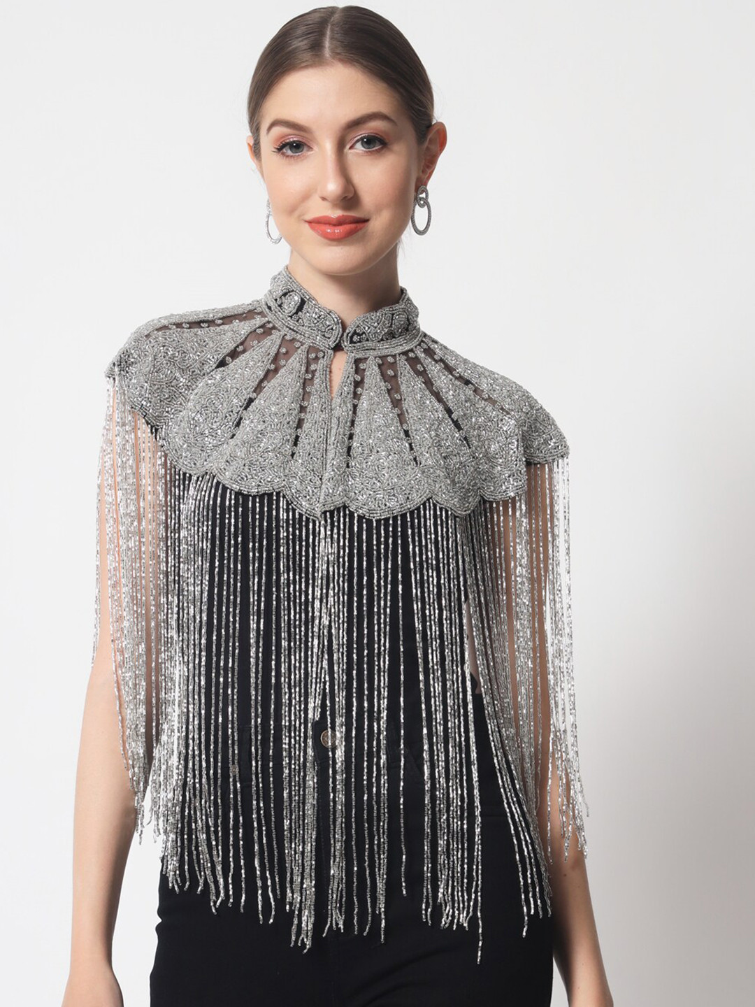 

LE BOURGEOIS Women Stones & Beads Embellished Party Crop Sheer Shrug, Silver