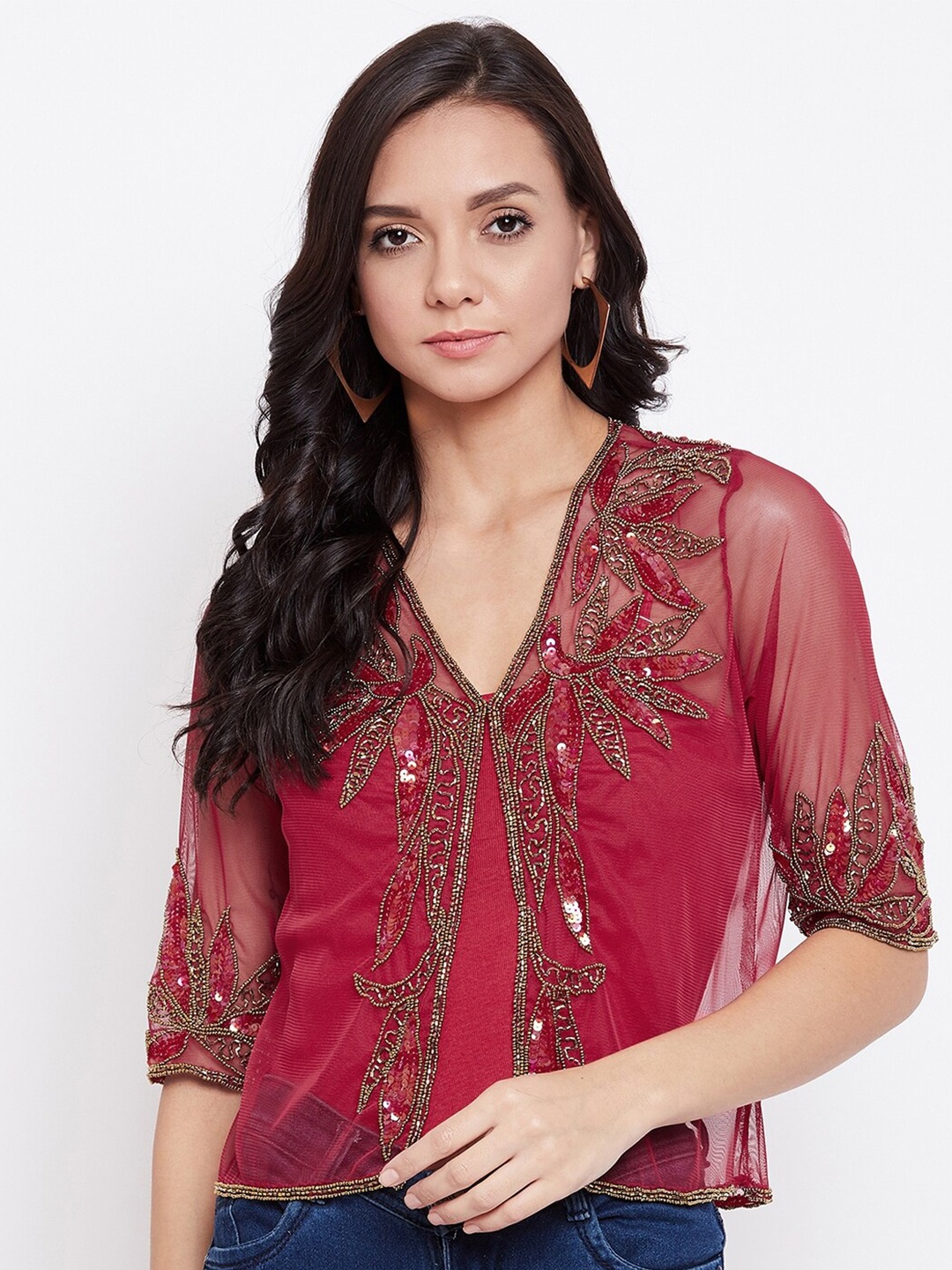 

LE BOURGEOIS Women Beads Embellished Sheer Shrug, Maroon