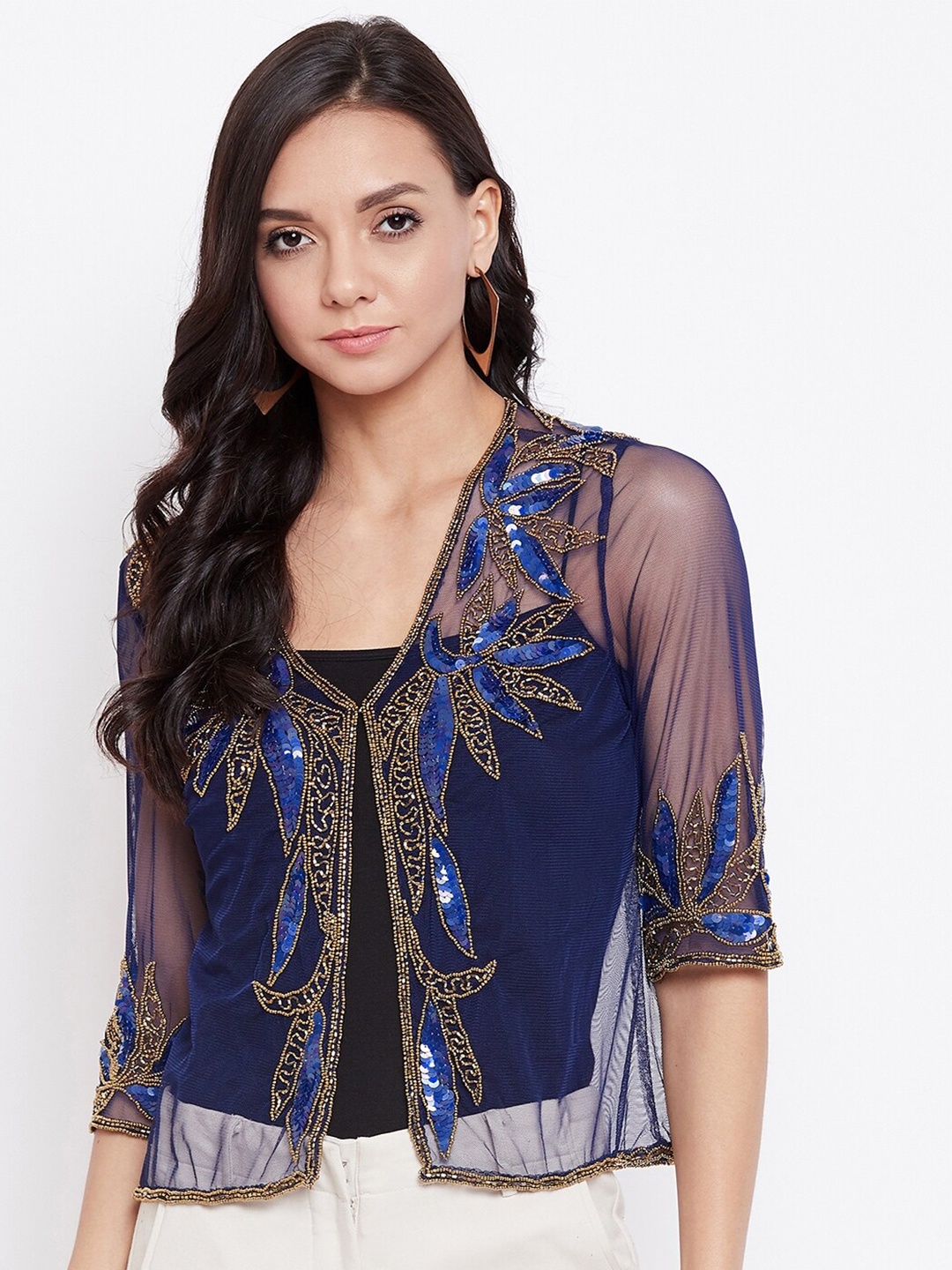 

LE BOURGEOIS Women Beads Embellished Sheer Shrug, Navy blue