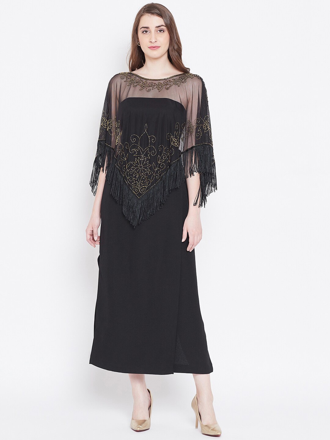 

LE BOURGEOIS Women Beads Embellished Asymmetric Sheer Shrug, Black