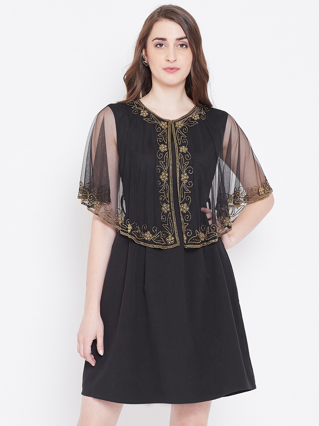 

LE BOURGEOIS Women Beads Embellished High-Low Sheer Shrug, Black