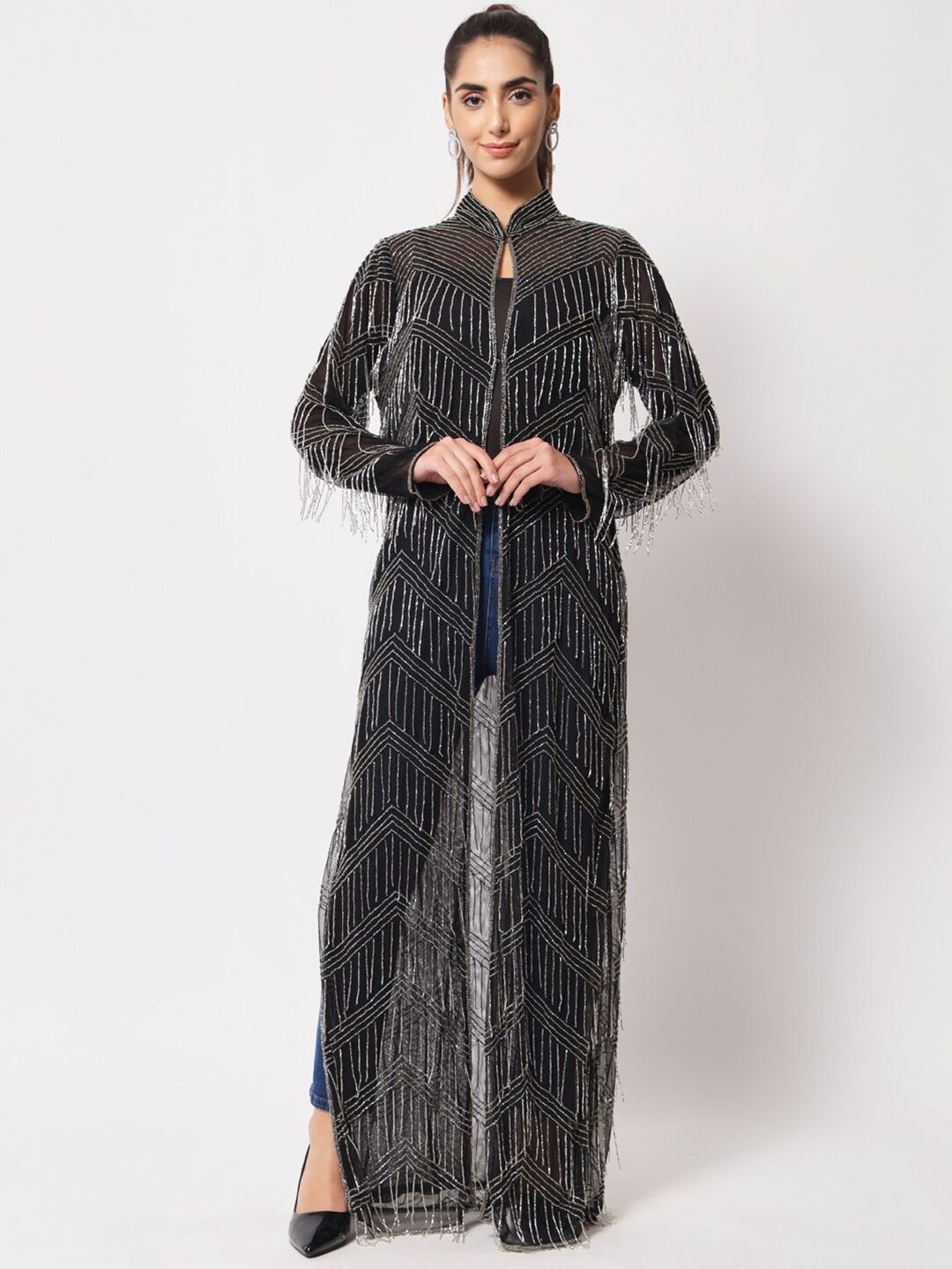 

LE BOURGEOIS Women Beads & Stones Party Embellished Longline Sheer Shrug, Black