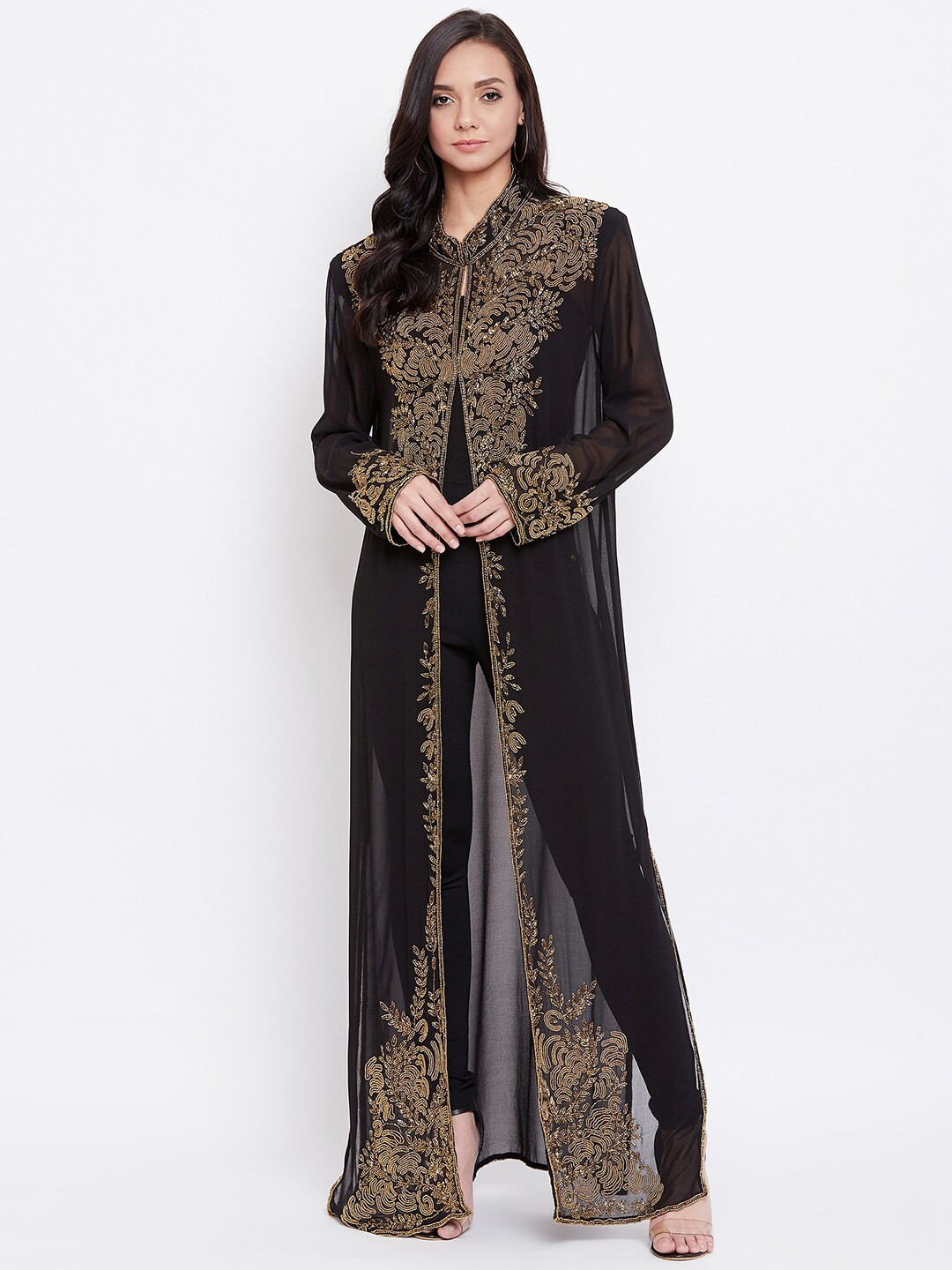 

LE BOURGEOIS Women Beads & Stones Party Embellished Longline Sheer Shrug, Black