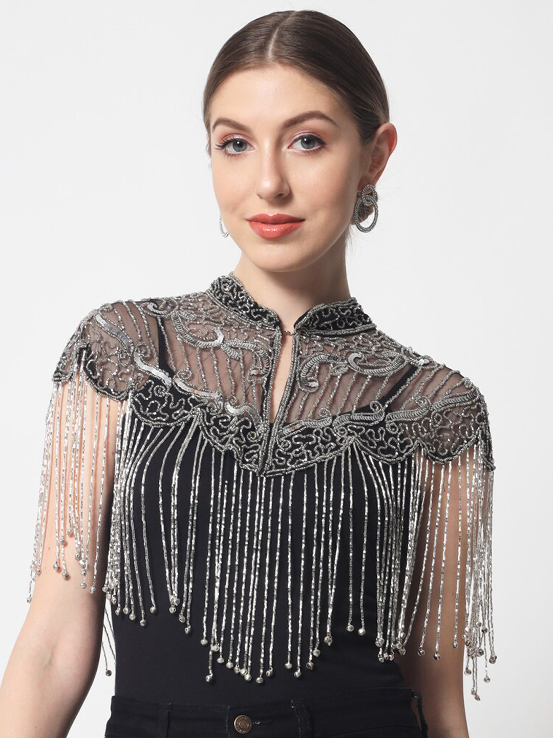 

LE BOURGEOIS Women Beads & Stones Party Embellished Crop Sheer Shrug, Silver