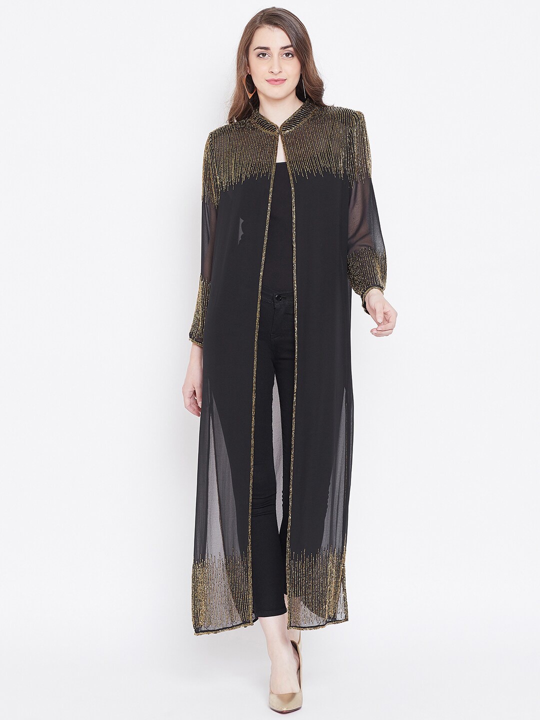 

LE BOURGEOIS Women Beads & Stones Party Embellished Longline Sheer Shrug, Black