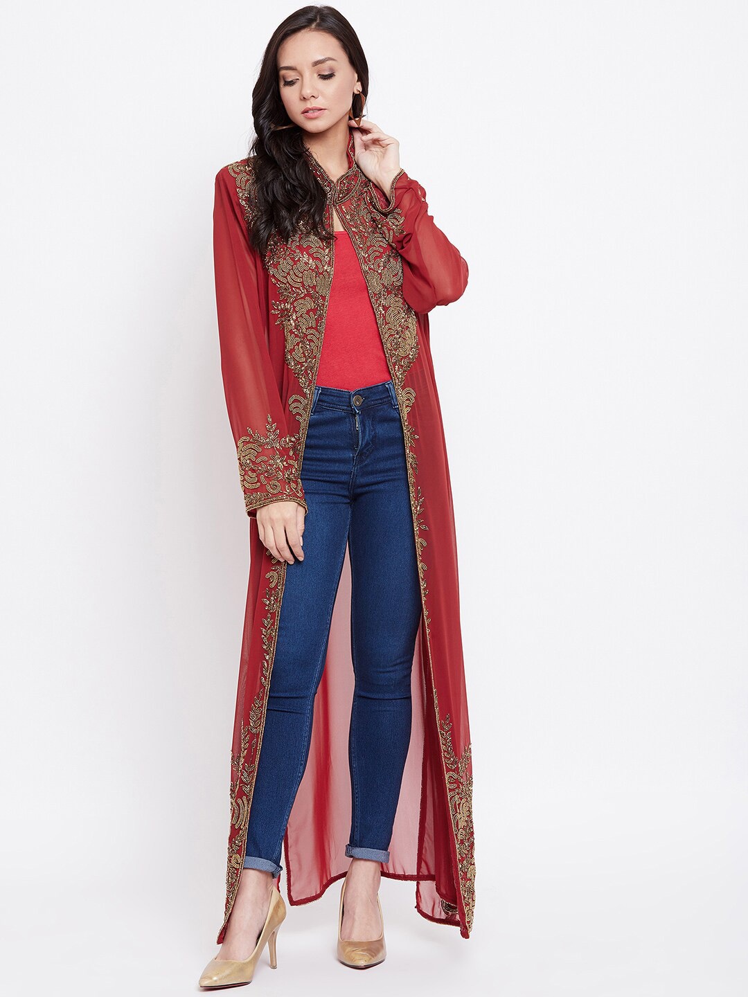 

LE BOURGEOIS Party Embellished Longline Sheer Shrug, Maroon