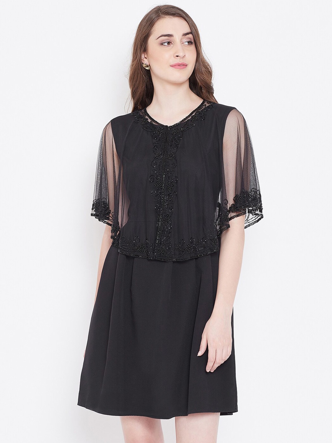

LE BOURGEOIS Party Embellished Crop High Low Sheer Shrug, Black