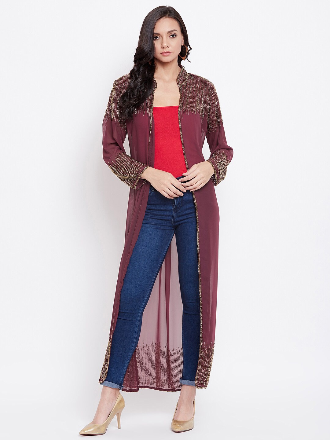 

LE BOURGEOIS Party Embellished Longline Sheer Shrug, Maroon
