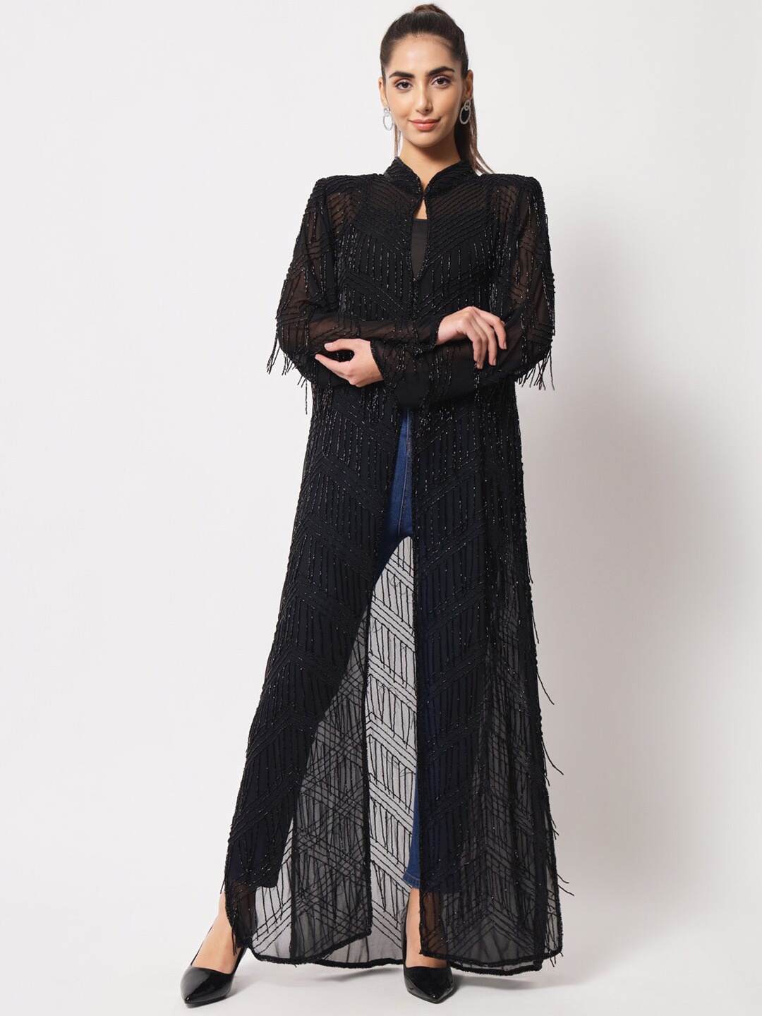 

LE BOURGEOIS Party Embellished Longline Sheer Shrug, Black