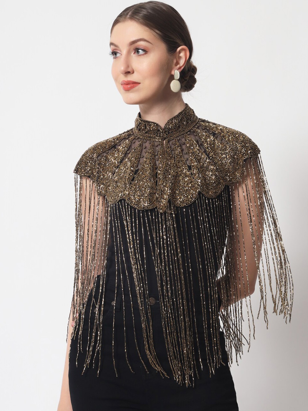 

LE BOURGEOIS Women Party Embellished Crop Sheer Shrug, Gold