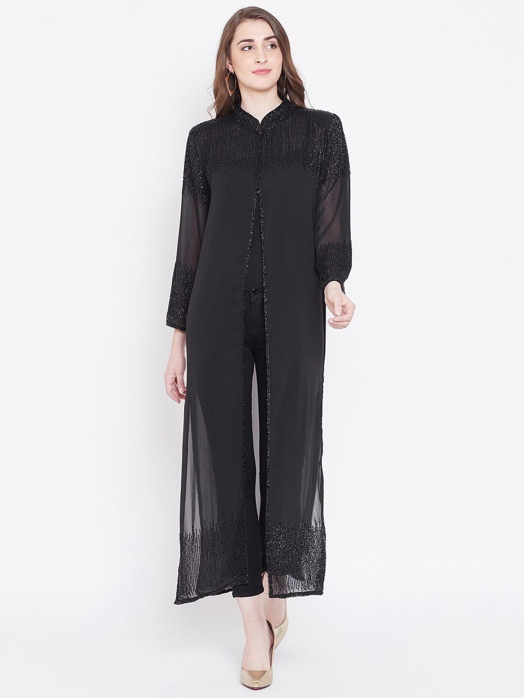 

LE BOURGEOIS Women Embellished Longline Sheer Shrug, Black