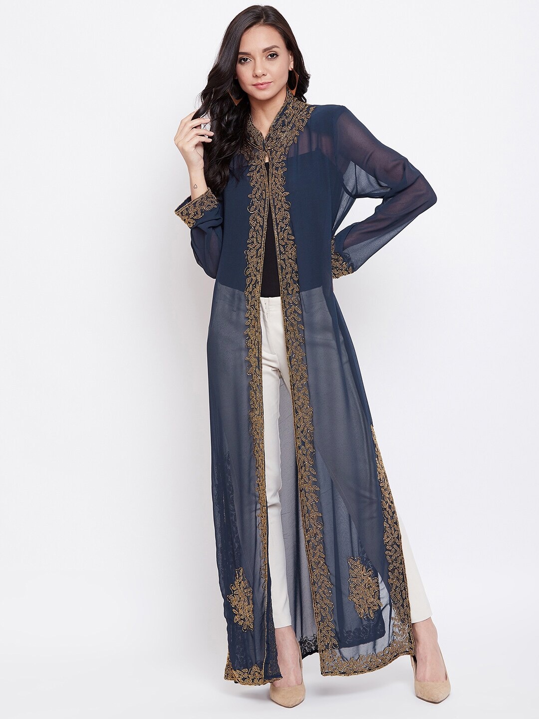 

LE BOURGEOIS Wome Party Embellished Longline Sheer Shrug, Navy blue