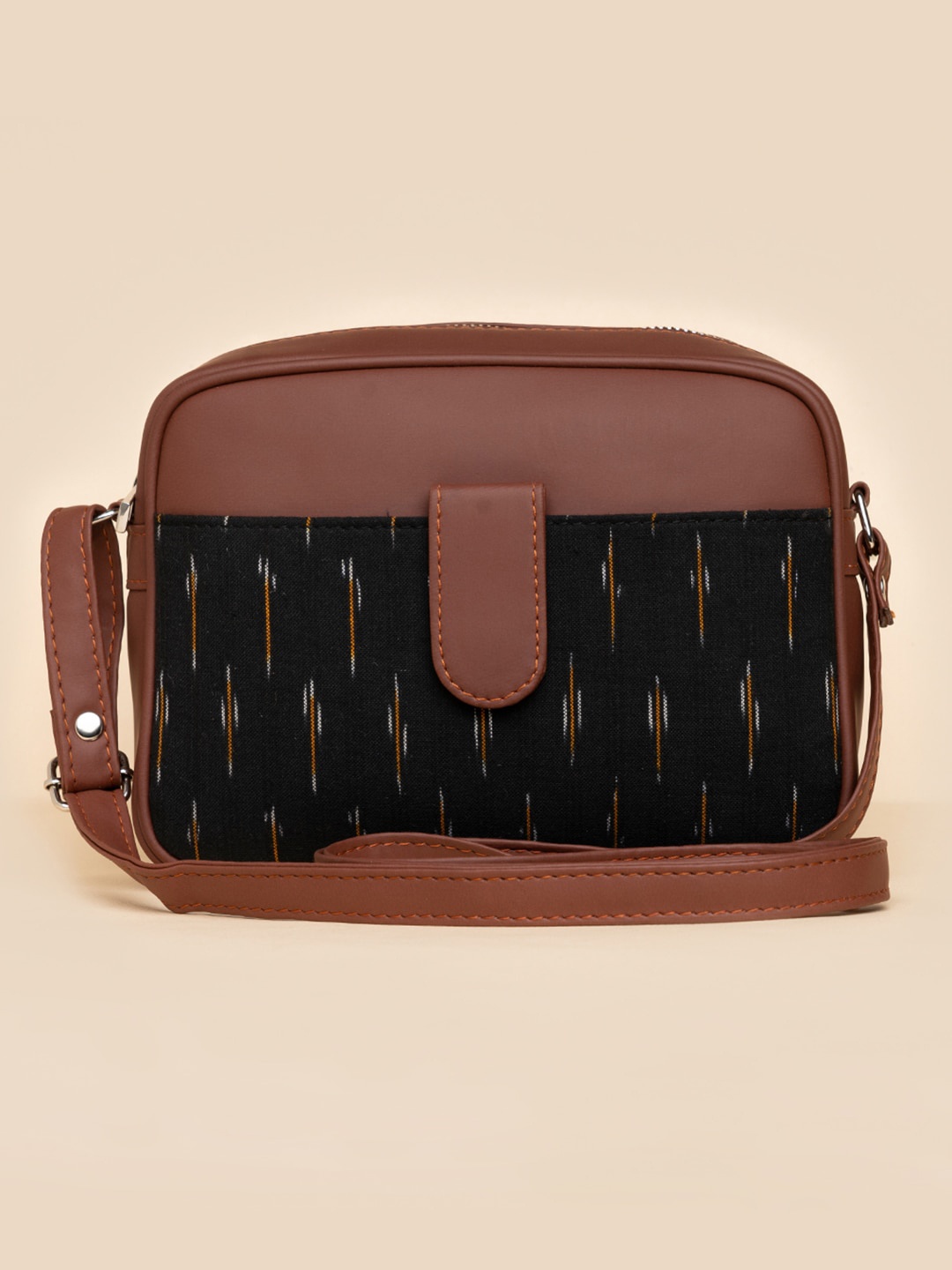 

ZOUK Colourblocked Jute Structured Sling Bag, Brown