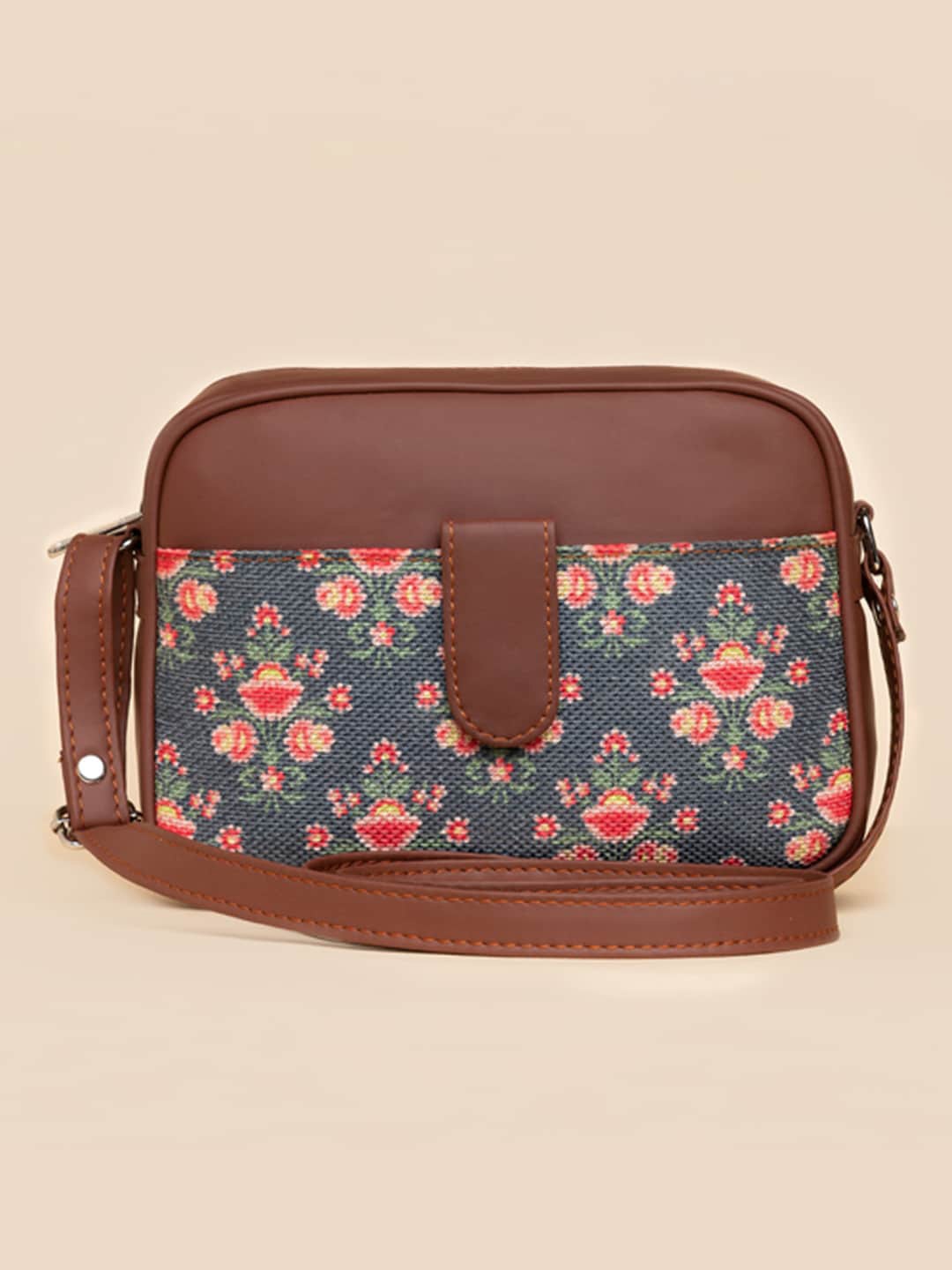 

ZOUK Ethnic Motif Printed Structured Sling Bag, Teal