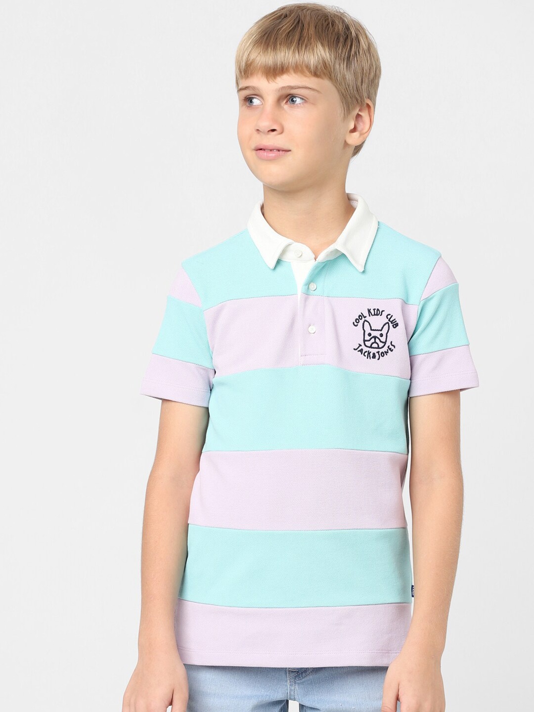 

Jack & Jones Junior Boys Striped Polo Collar Cotton T-shirt, Blue