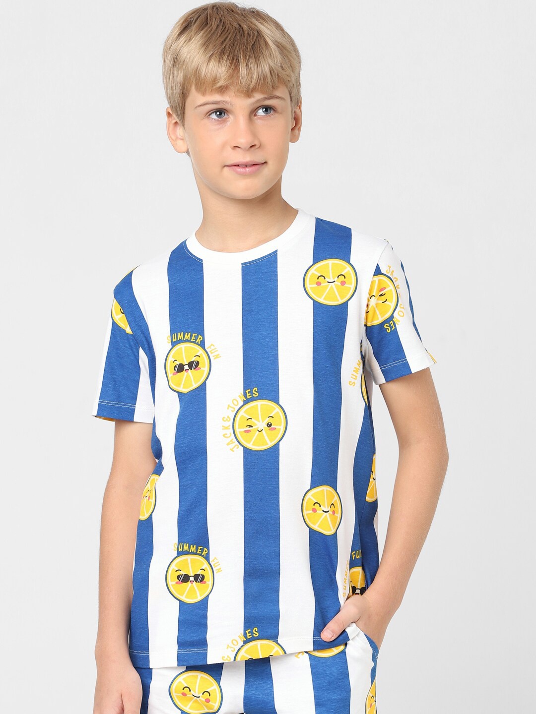 

Jack & Jones Junior Boys Striped Round Neck Cotton T-shirt, Blue
