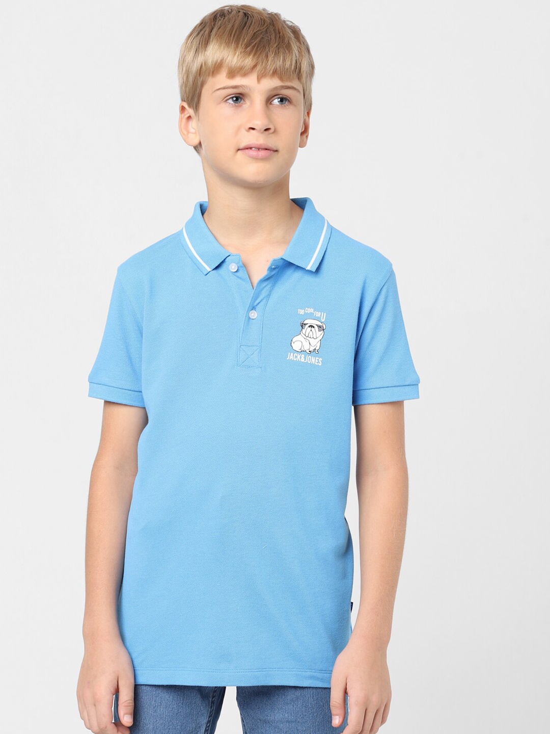 

Jack & Jones Junior Boys Conversational Printed Polo Collar Cotton T-shirt, Blue