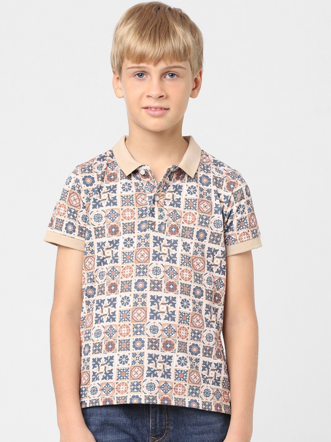 

Jack & Jones Junior Boys Floral Printed Polo Collar Cotton T-shirt, Beige