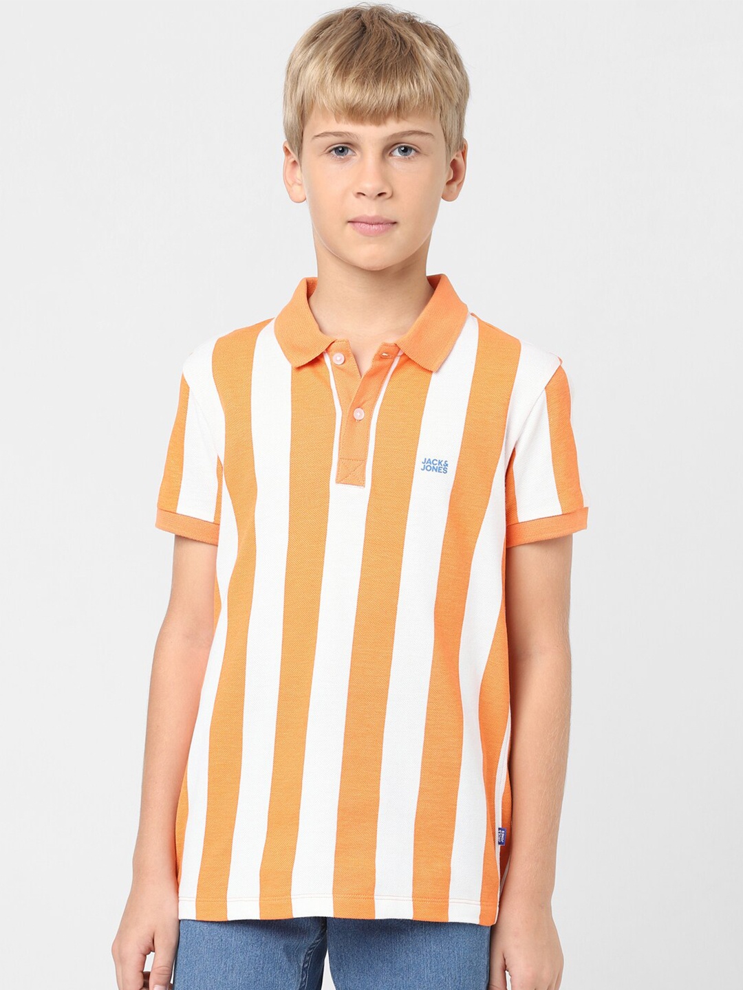 

Jack & Jones Junior Boys Striped Polo Collar Cotton T-shirt, Orange
