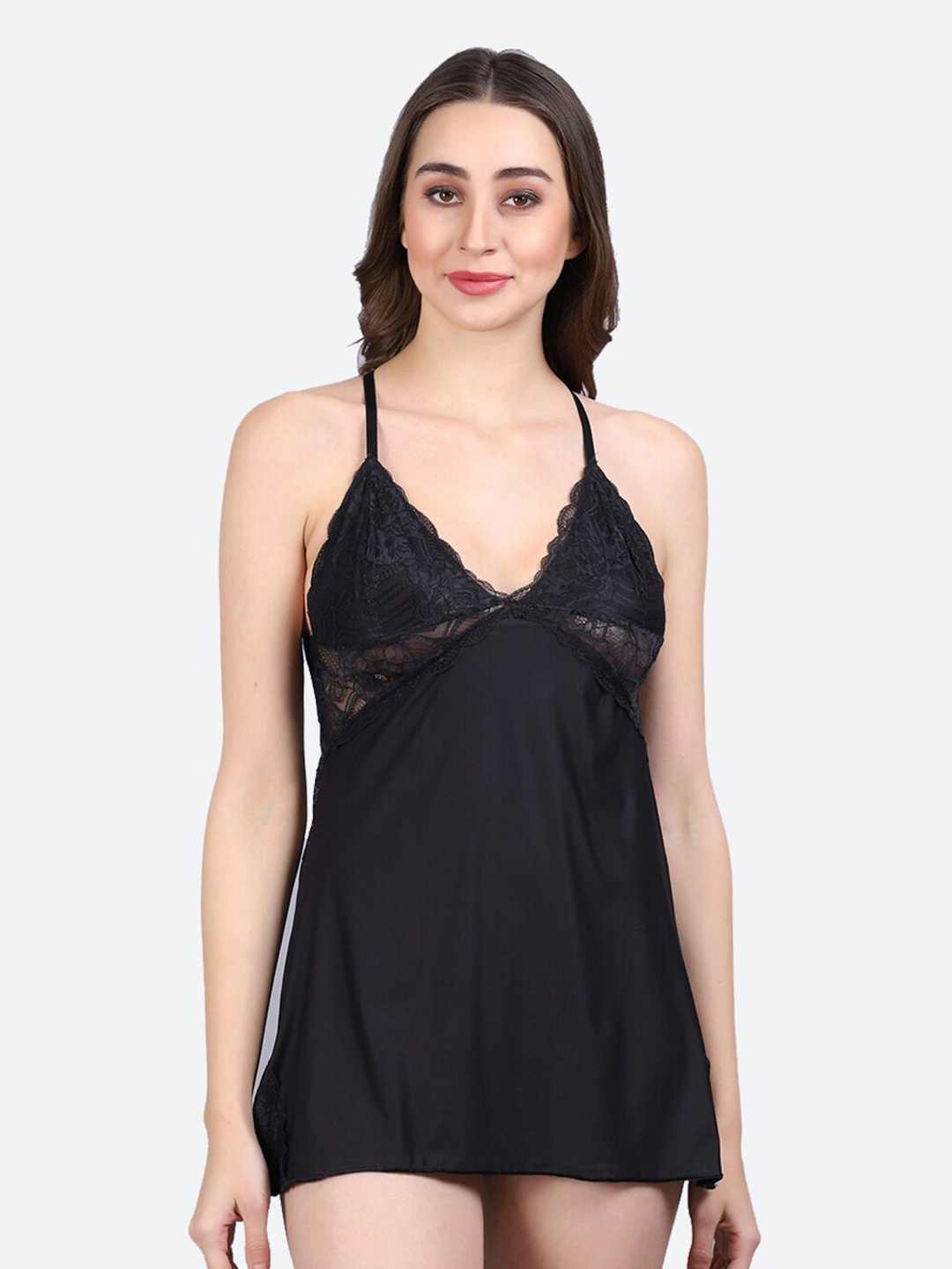 

Fleurt Shoulder Straps Knitted Baby Doll With Briefs, Black