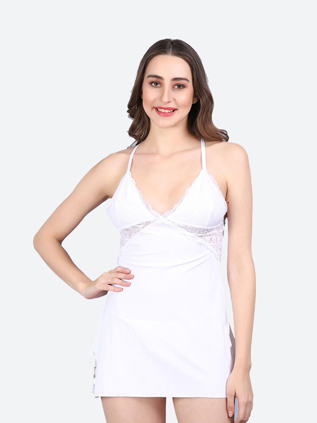 

Fleurt Shoulder Straps Knitted Baby Doll With Briefs, White