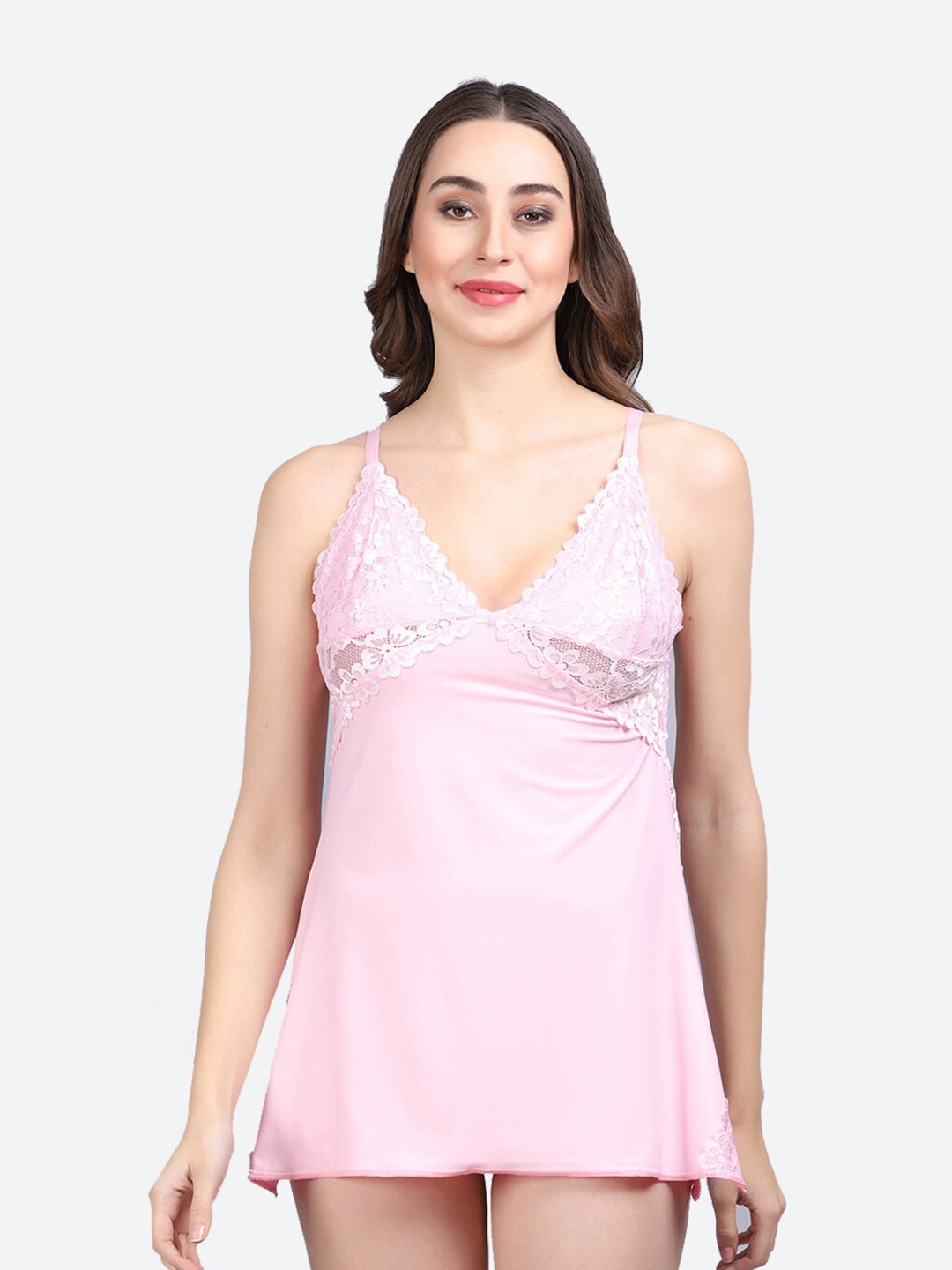 

Fleurt Self Design Shoulder Straps Knitted Baby Doll With Briefs, Pink