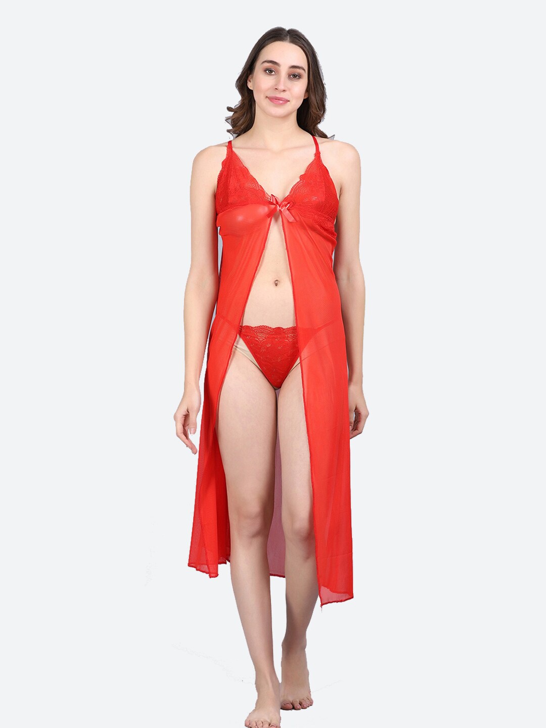

Fleurt Red Halter Neck Knitted Baby Doll With Briefs