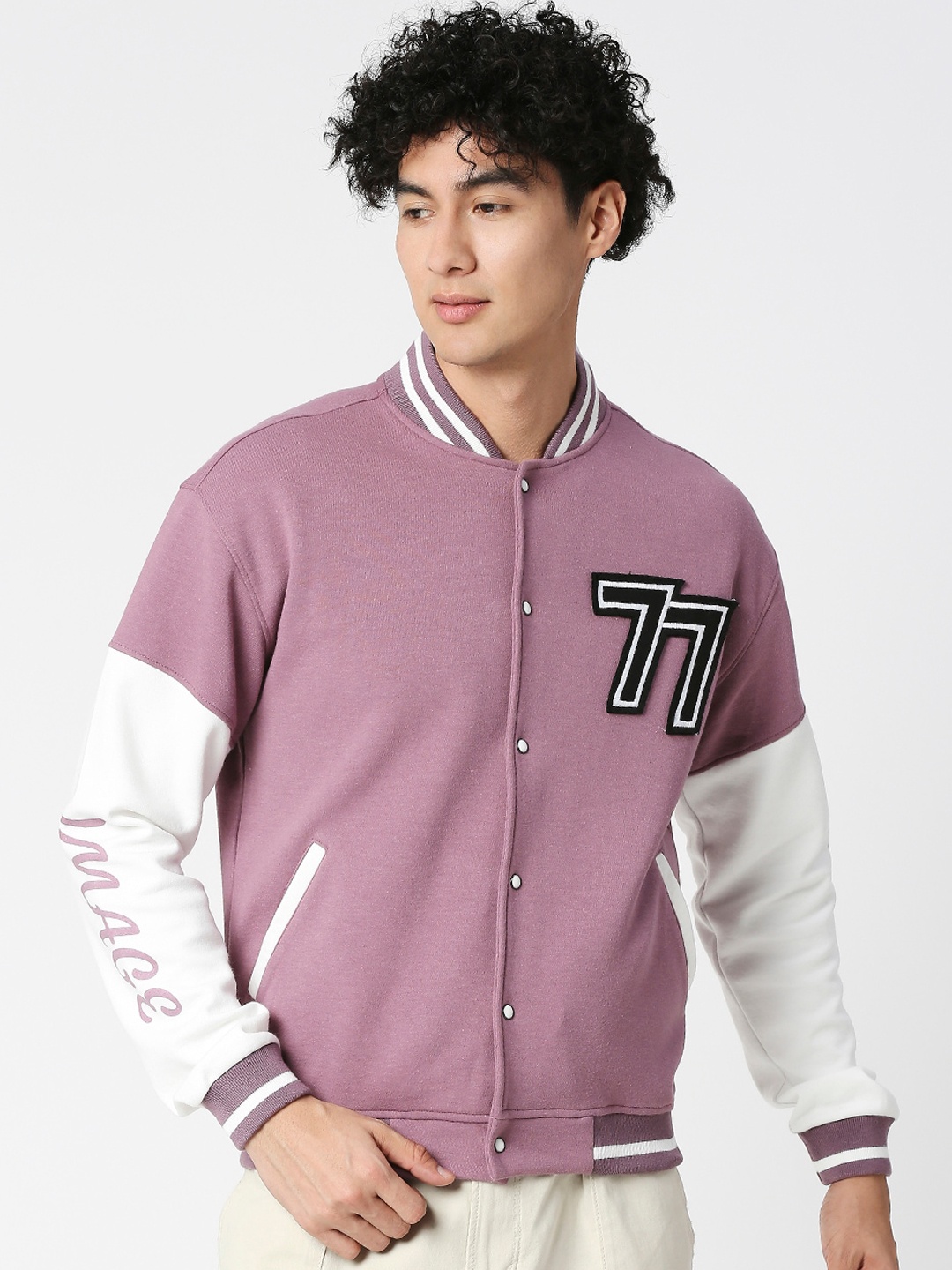 

Blamblack Men Colourblocked Cotton Mandarin Collar Varsity Jacket, Lavender