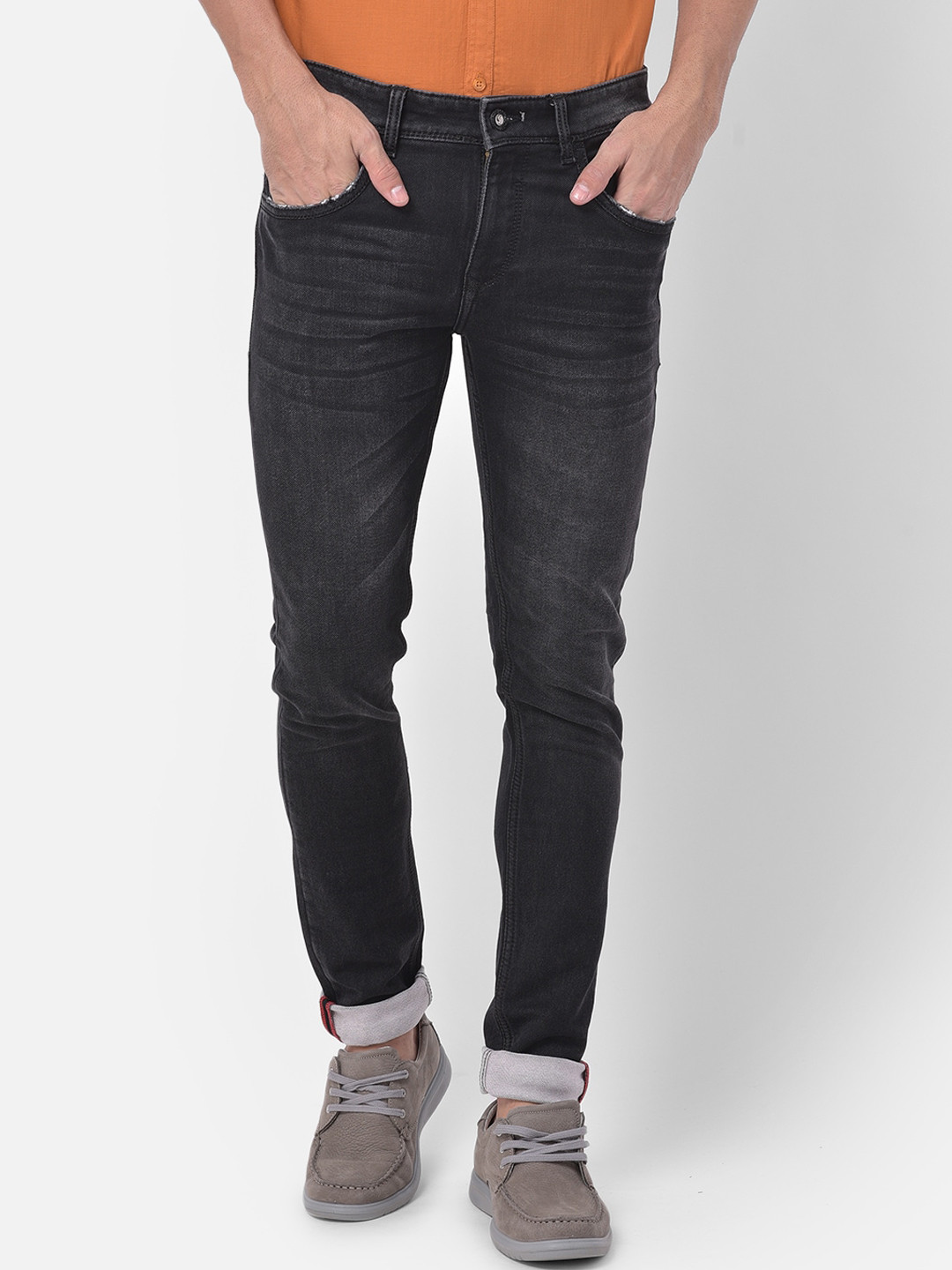 

Canary London Men Smart Skinny Fit Mid-Rise Light Fade Cuffed Hem Stretchable Jeans, Black