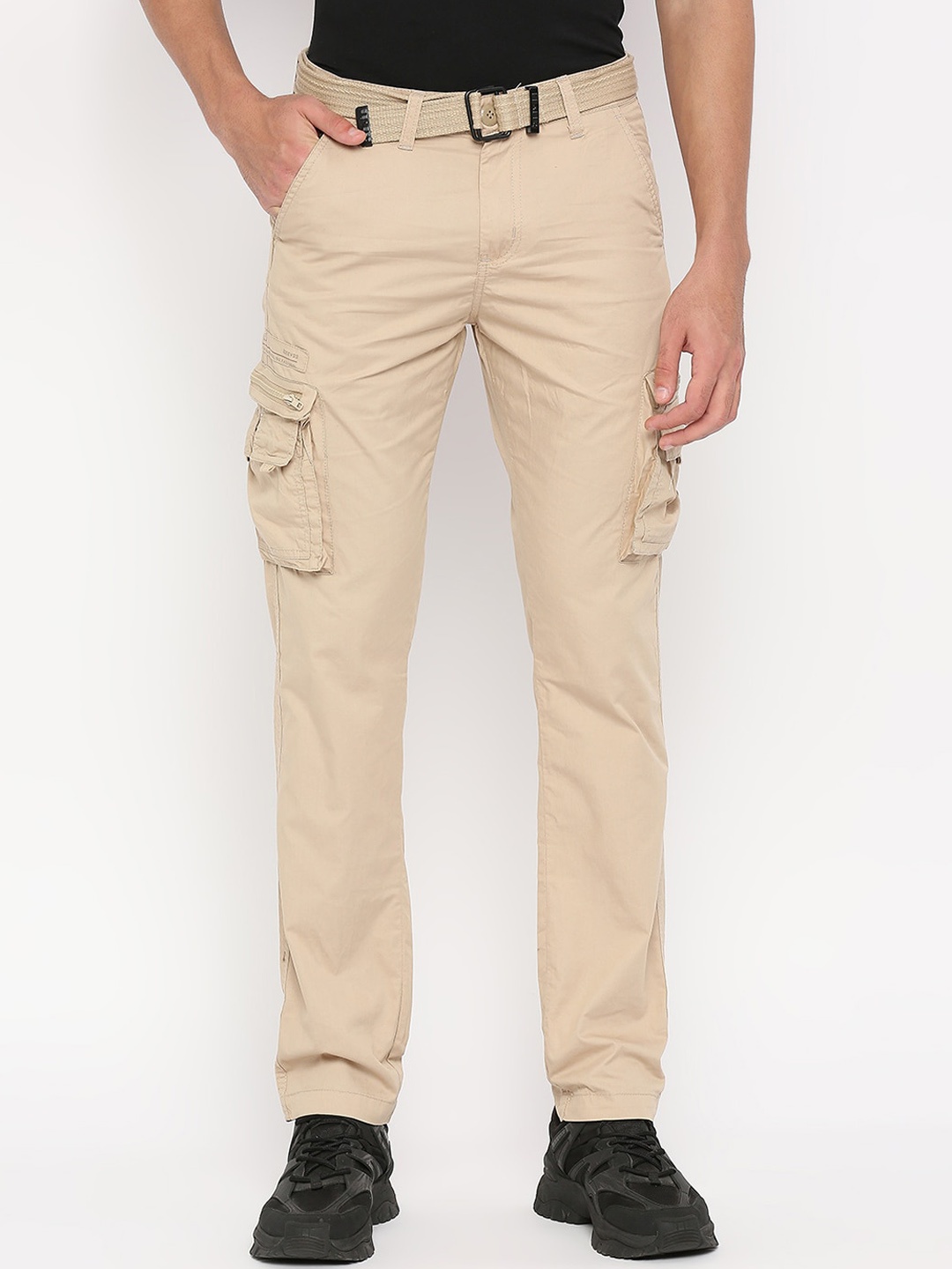 

beevee Men Relaxed Straight Fit Easy Wash Pure Cotton Cargos Trousers, Beige