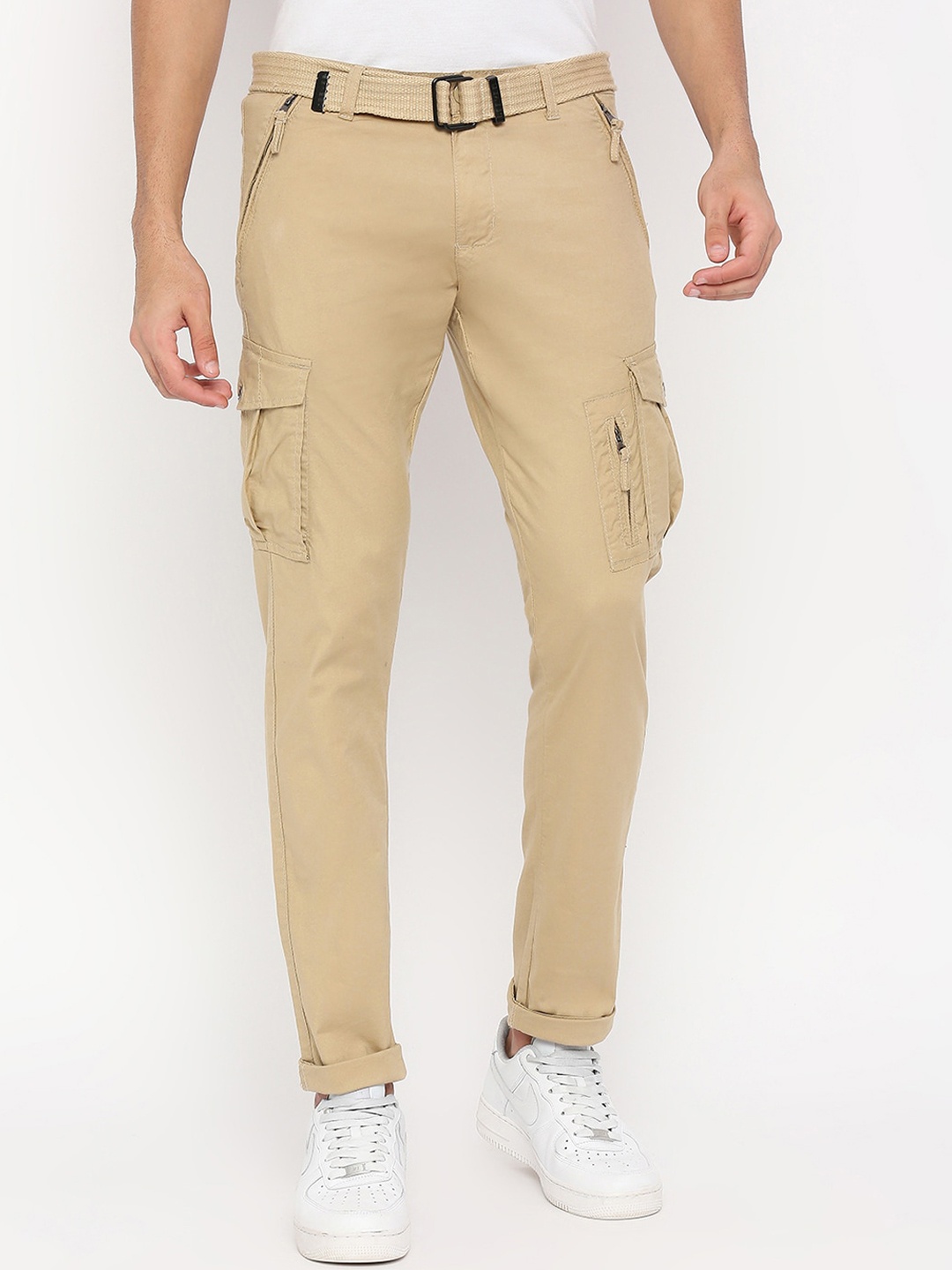 

beevee Men Relaxed Straight Fit Easy Wash Cargos Trousers, Beige