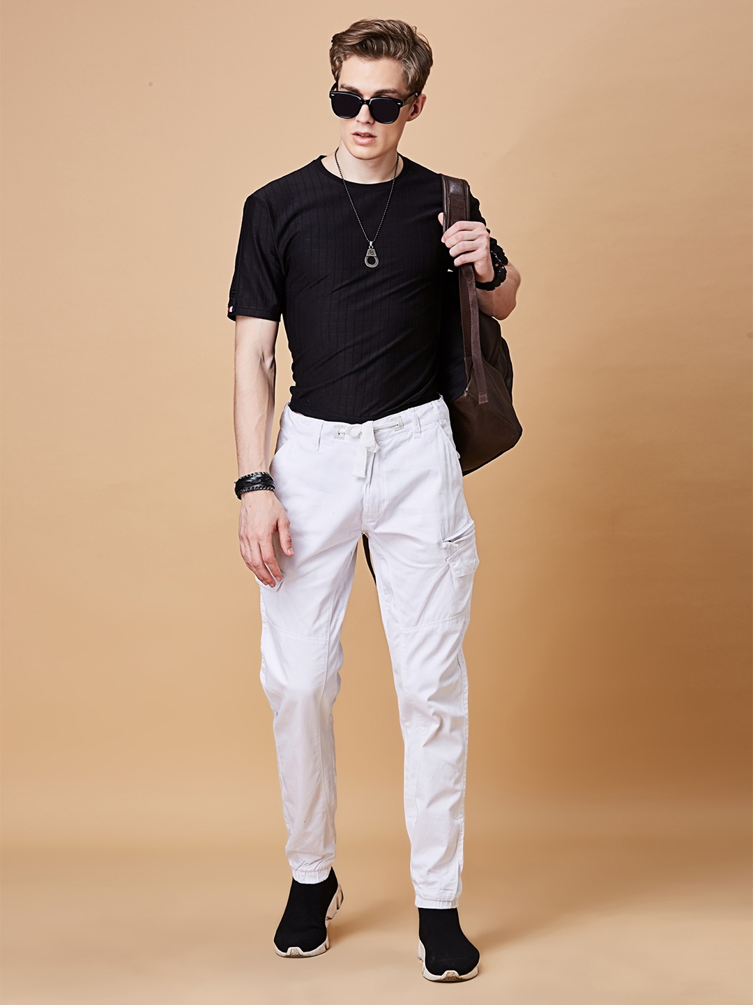 

beevee Men Relaxed Tapered Fit Easy Wash Jogger, White
