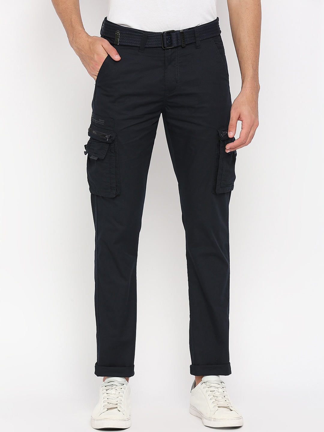 

beevee Men Relaxed Straight Fit Easy Wash Pure Cotton Cargos Trousers, Navy blue