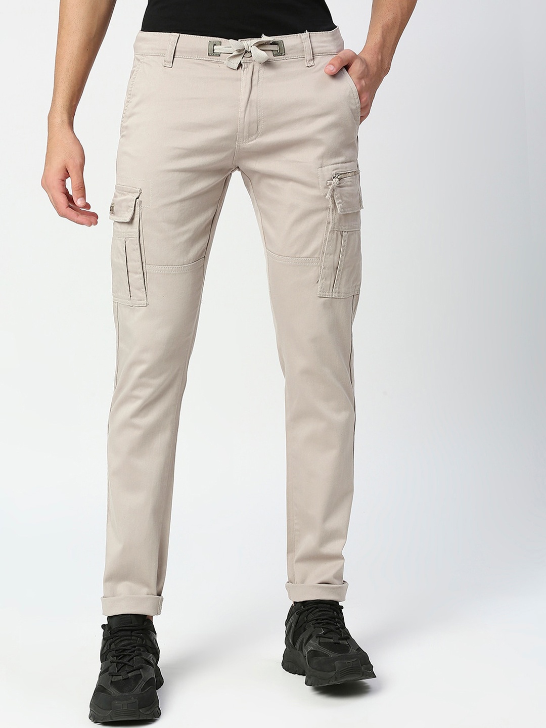 

beevee Men Relaxed Straight Fit Easy Wash Cargos Trousers, Beige