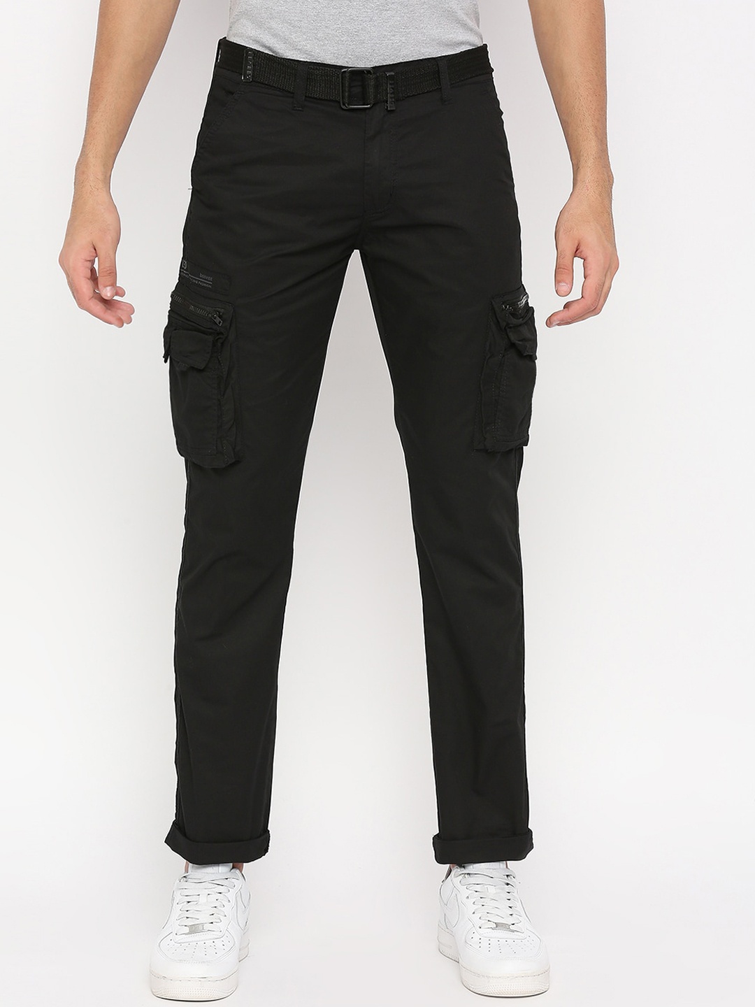 

beevee Men Relaxed Straight Fit Easy Wash Pure Cotton Cargos Trousers, Black