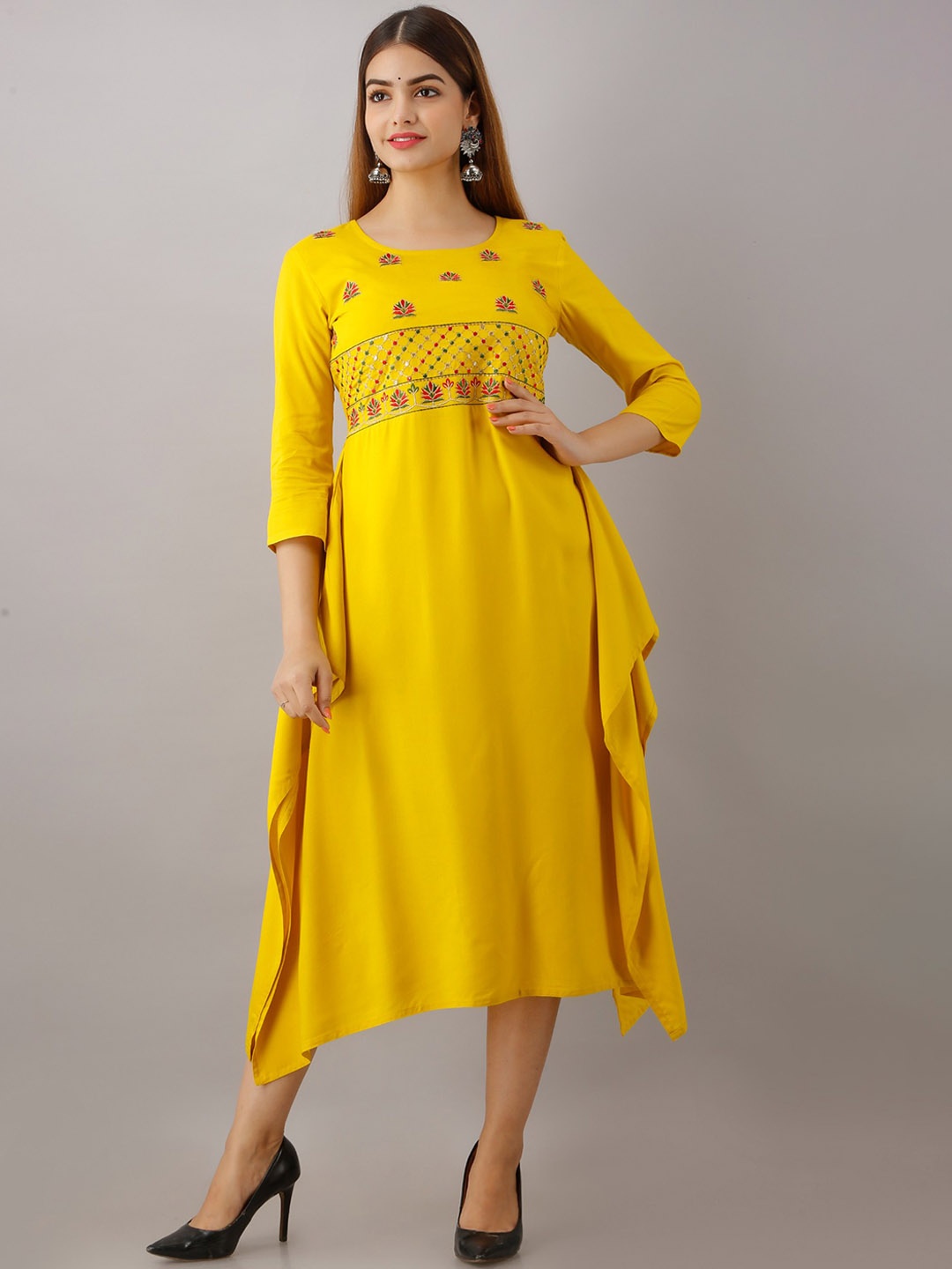 

Women Touch Yoke Design Embroidered Asymmetrical A-Line Kurta, Mustard